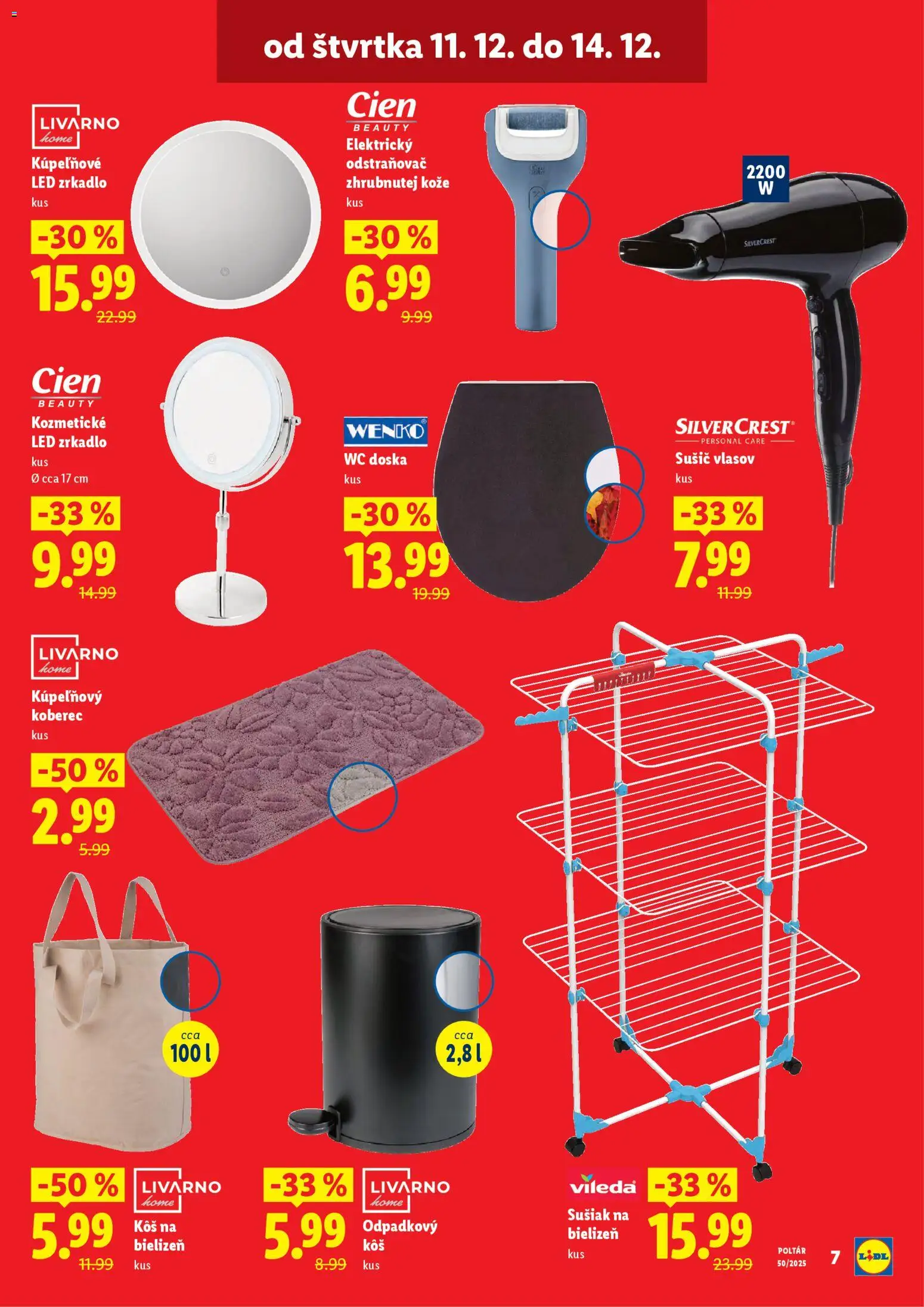 Nové Lidl akcie – leták je platný od 11.12.2025 | Strana: 7 | Produkty: Zrkadlo, Koberec, Kôš na bielizeň, Sušič vlasov