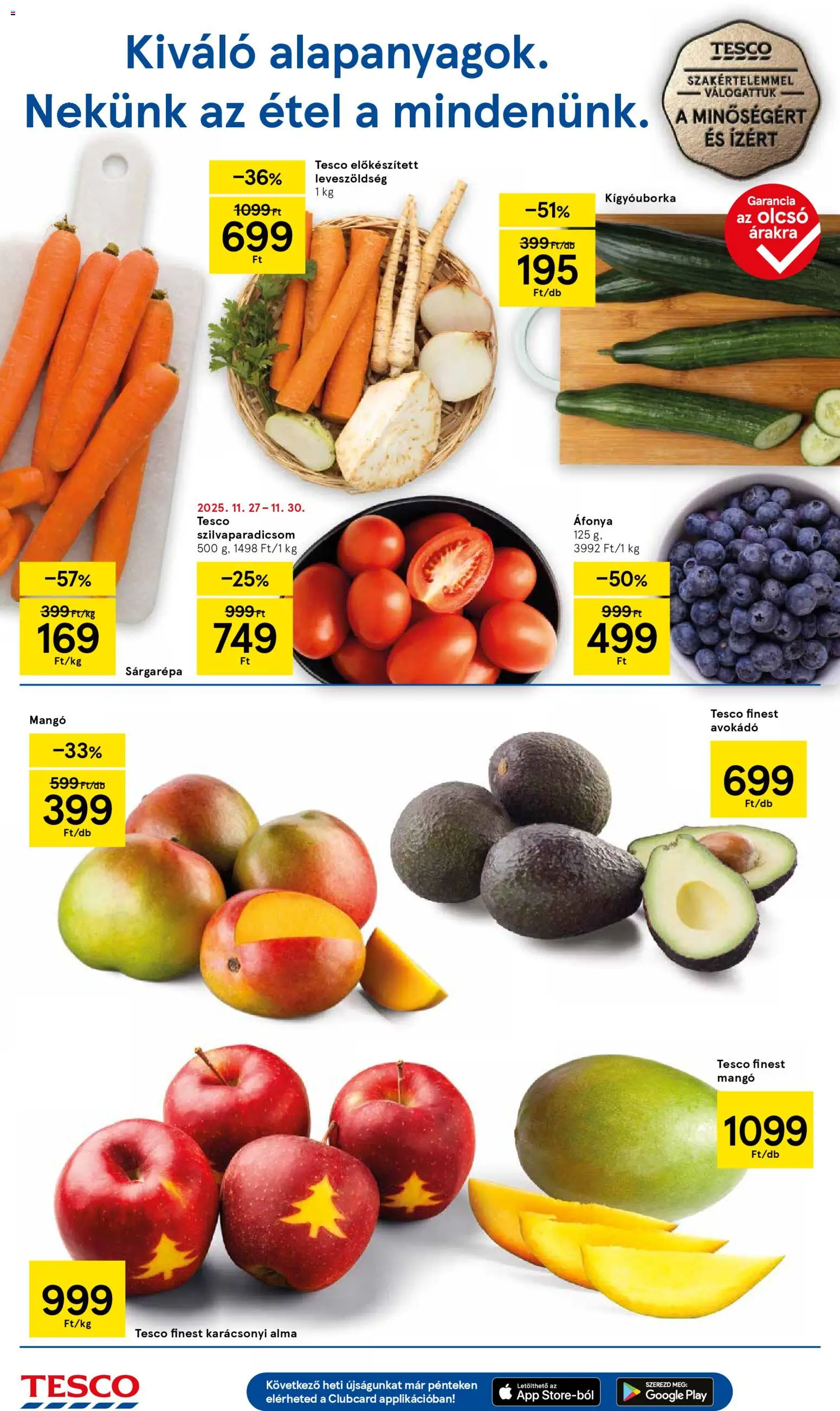 Tesco akciós ujság - amely érvényes a következő dátumtól: 27.11.2025 | Oldal: 2 | Termékek: Kígyóuborka, Sárgarépa, Alma, Mangó