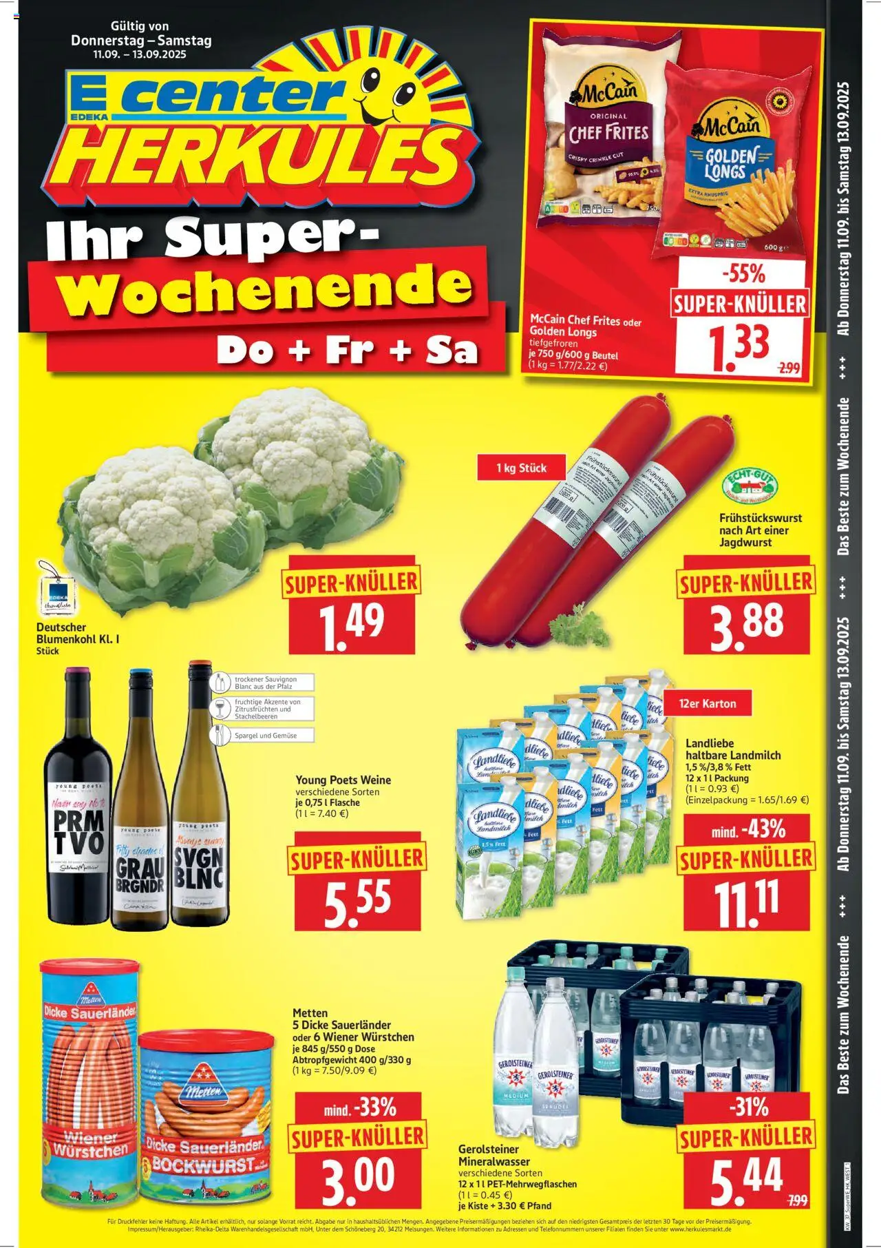 HERKULES - Sonderbeilage – gültig ab 11.09.2025 | Seite: 1 | Produkte: Bockwurst, McCain, Gemüse, Gerolsteiner