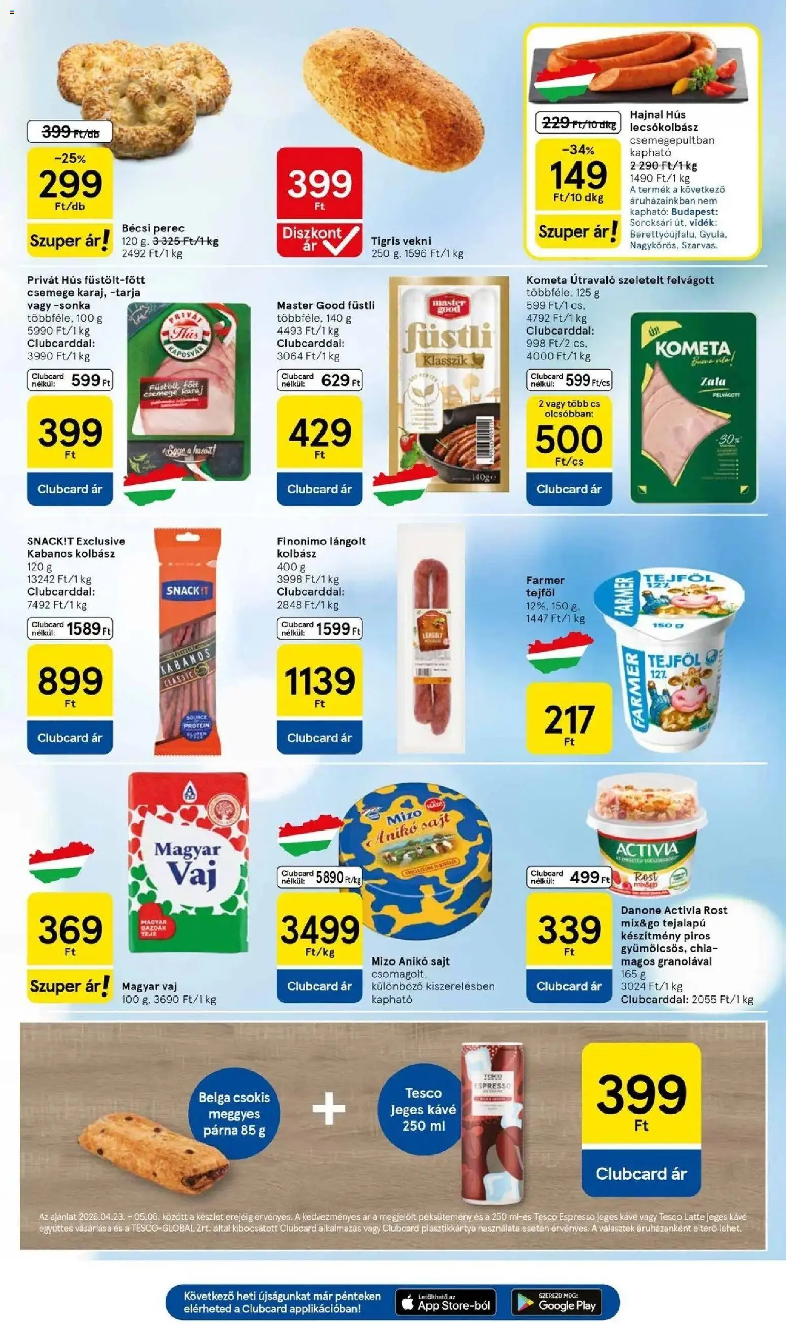 Tesco akciós ujság - amely érvényes a következő dátumtól: 23.04.2026 | Oldal: 3 | Termékek: Farmer, Kávé, Lecsókolbász, Felvágott