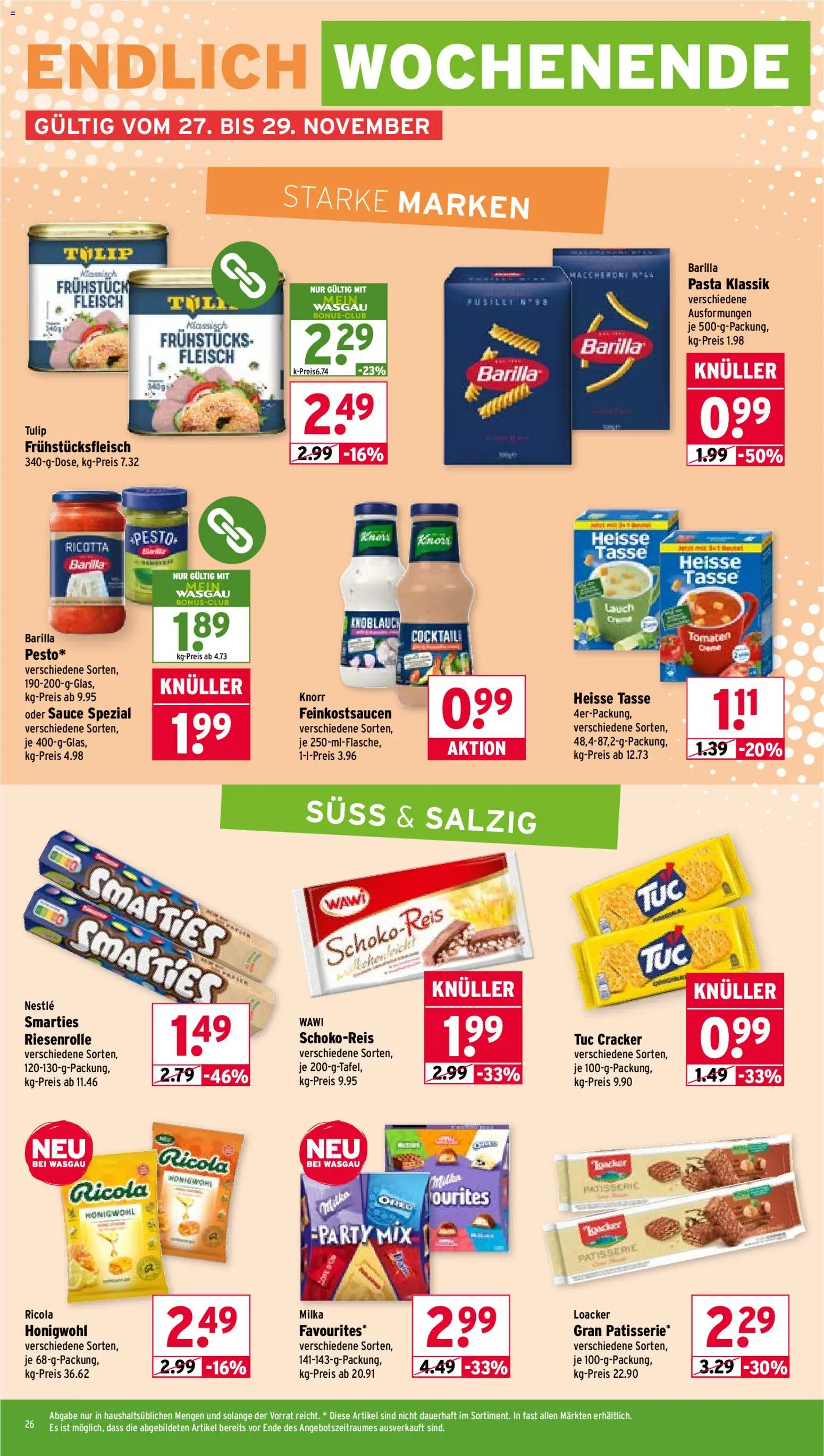 Wasgau Prospekt 	 – gültig ab 24.11.2025 | Seite: 26 | Produkte: Smarties, Knorr, Milka, Fleisch