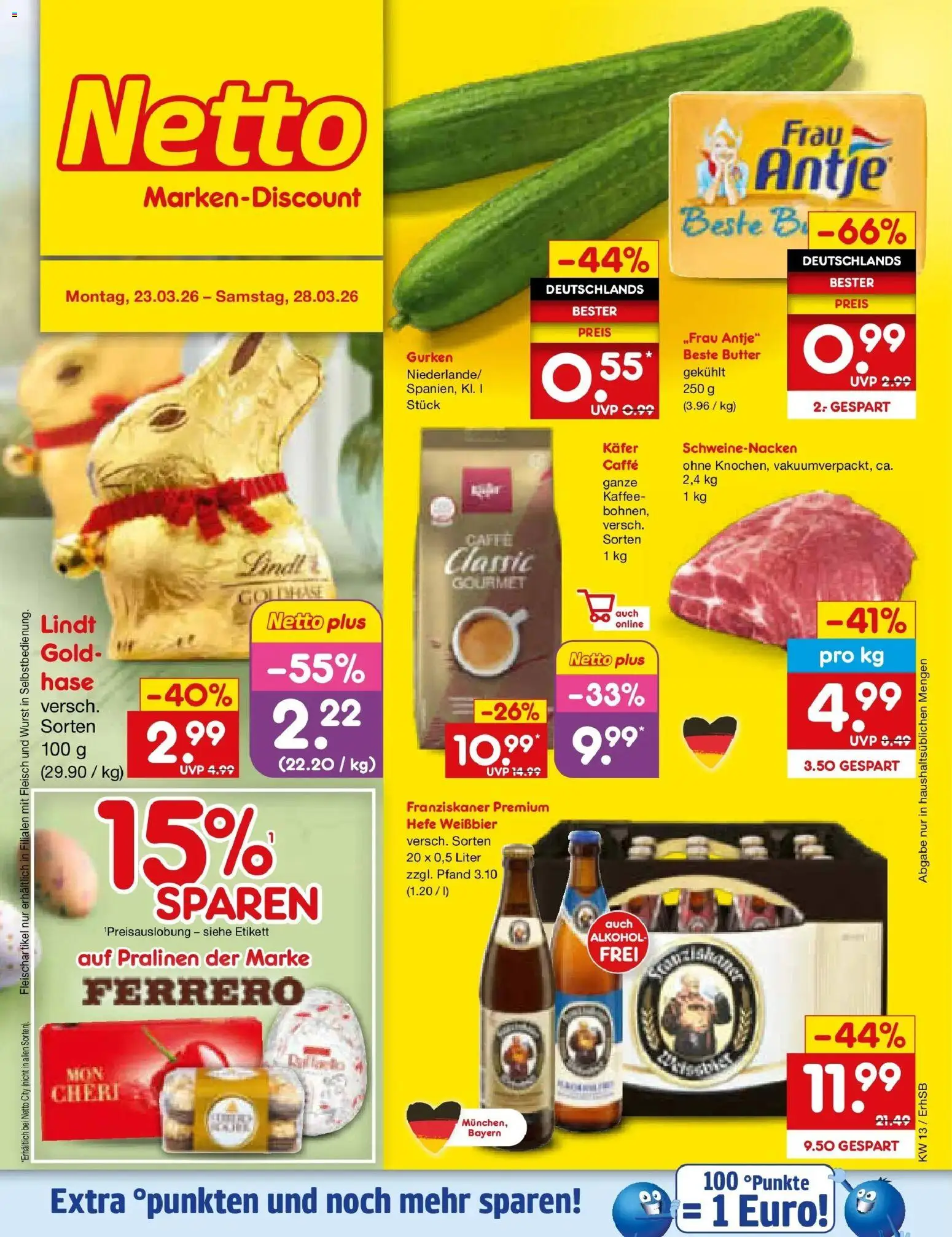 Netto Marken-Discount Prospekt Mauern	 – gültig ab 23.03.2026 | Seite: 1 | Produkte: Kaffee, Hefe weissbier, Wurst, Lindt