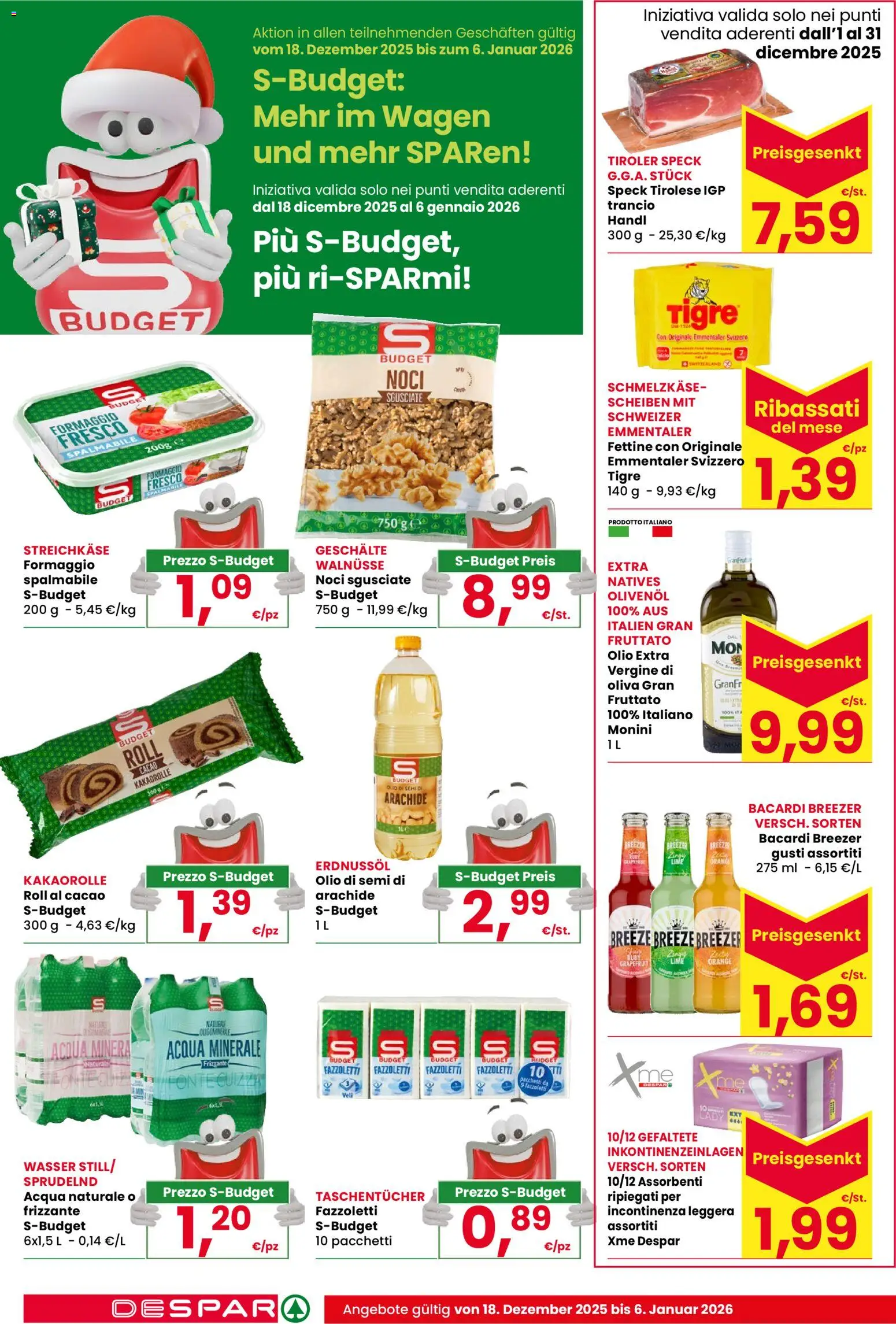 Volantino Despar del 18.12.2025 | Pagina: 18 | Prodotti: Fazzoletti, Noci, Olio extra vergine, Acqua minerale