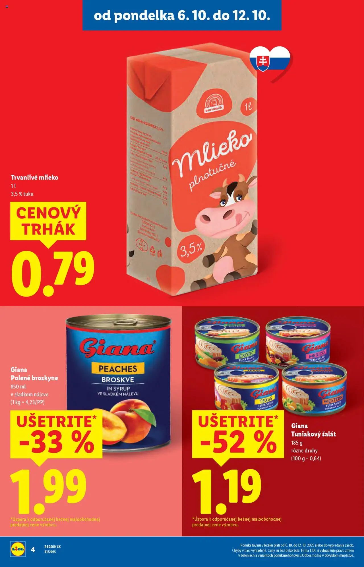 Nové Lidl akcie – leták je platný od 06.10.2025 | Strana: 6 | Produkty: Mlieko, Šalát, Trvanlivé mlieko, Broskyne