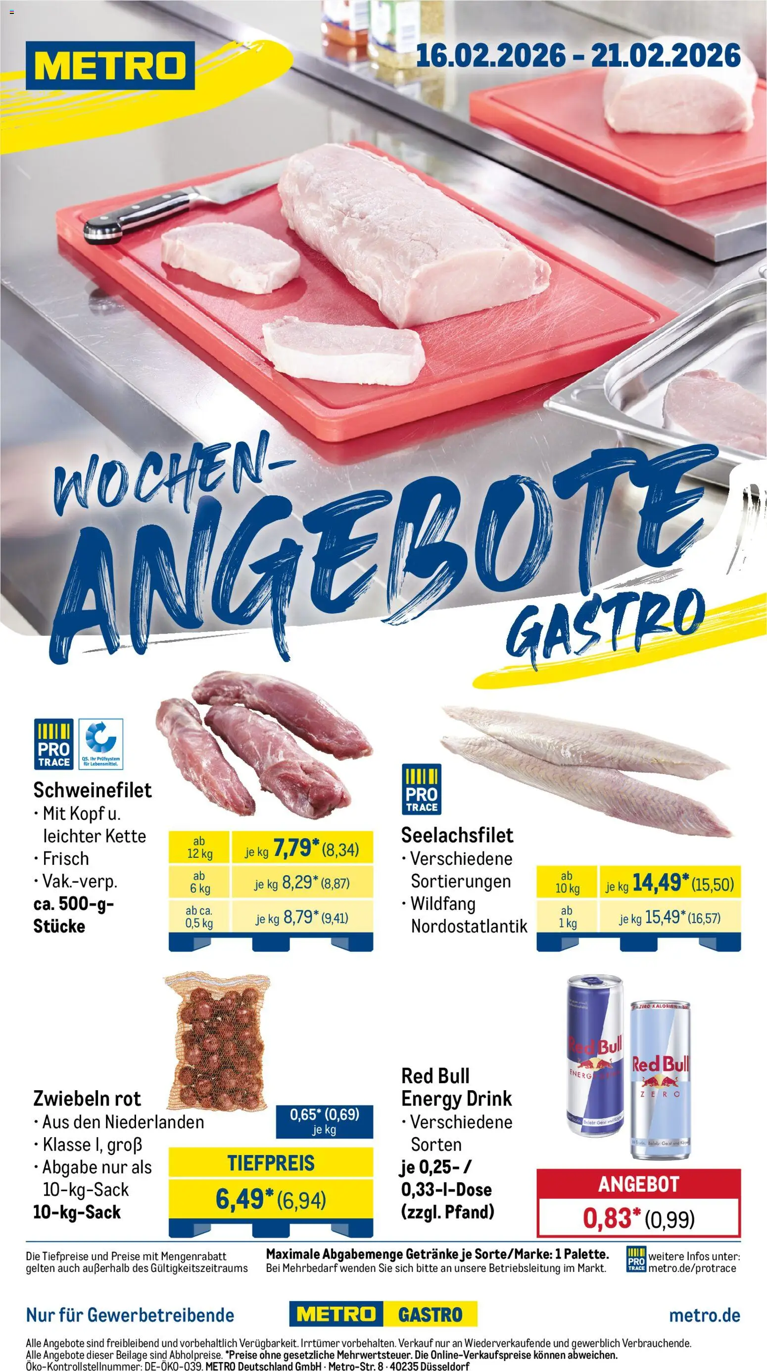 Metro Wochen-Angebote Gastro – gültig ab 16.02.2026 | Seite: 1 | Produkte: Red bull, Energy, Schweinefilet, Zwiebeln