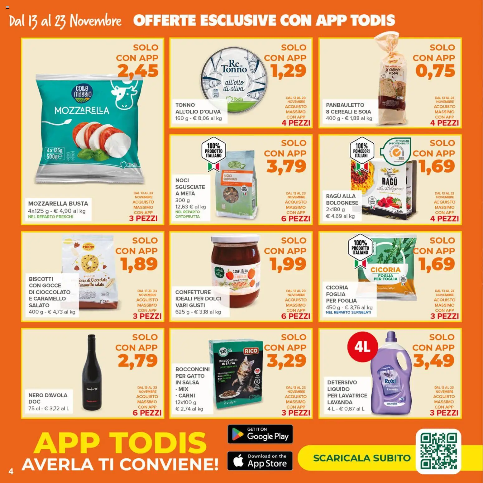 Volantino Todis del 13.11.2025 | Pagina: 4 | Prodotti: Cioccolato, Biscotti, Ragú, Tonno