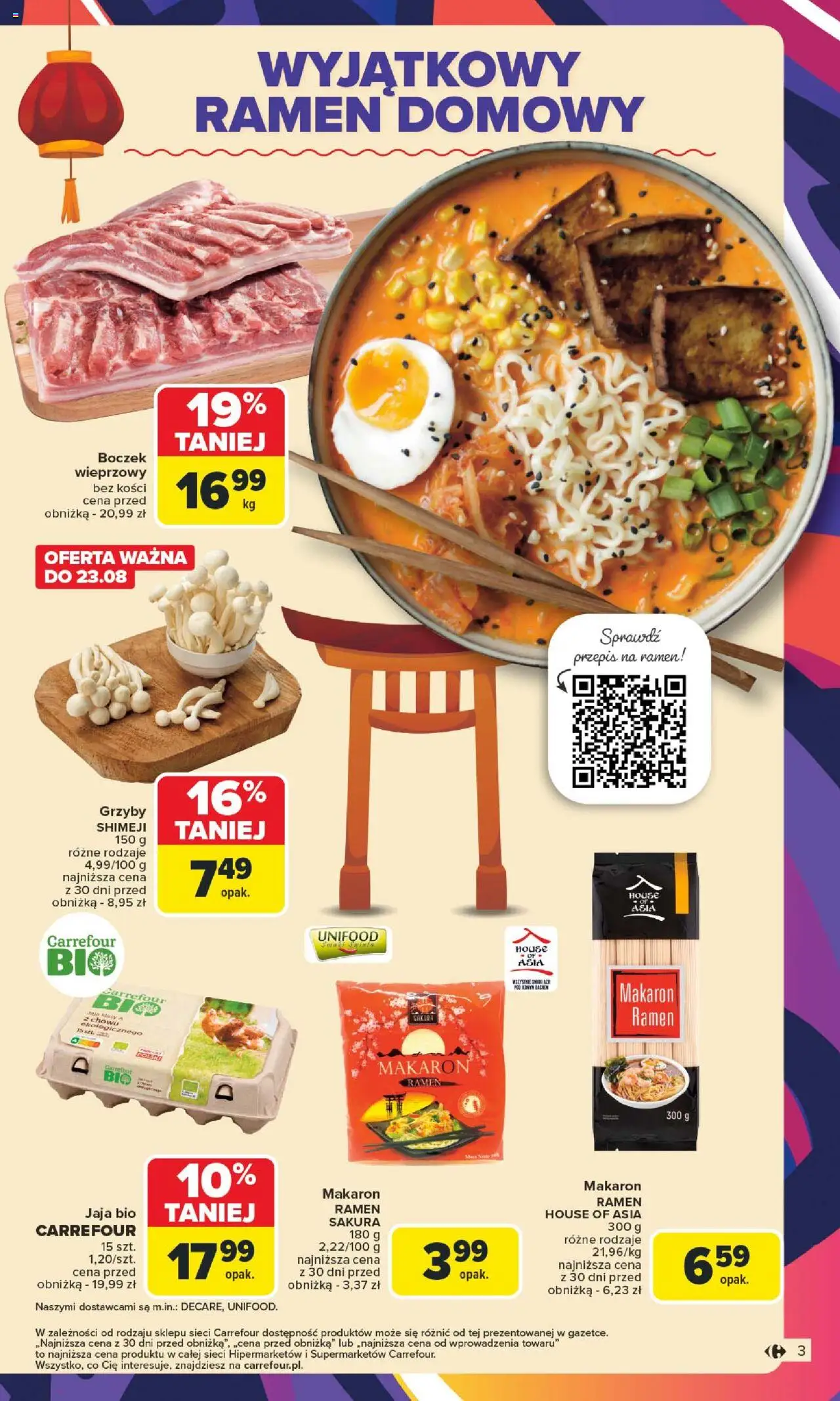 Carrefour Gazetka od 18.08.2025 | Strona: 5 | Produkty: Makaron ramen, Boczek wieprzowy, Makaron, Jaja