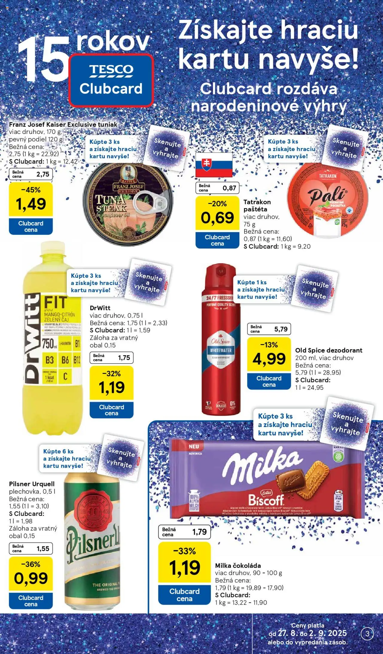 Tesco Hypermarket - leták │ platný od 27.08.2025 | Strana: 3 | Produkty: Pilsner Urquell, Old Spice, Čokoláda, Dezodorant