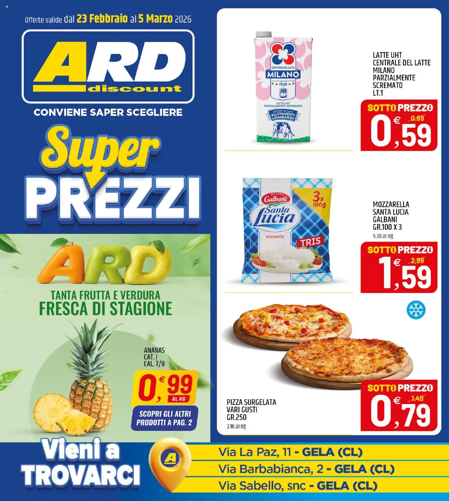 Volantino ARD Discount del 23.02.2026 | Pagina: 1 | Prodotti: Pizza, Frutta, Mozzarella, Latte