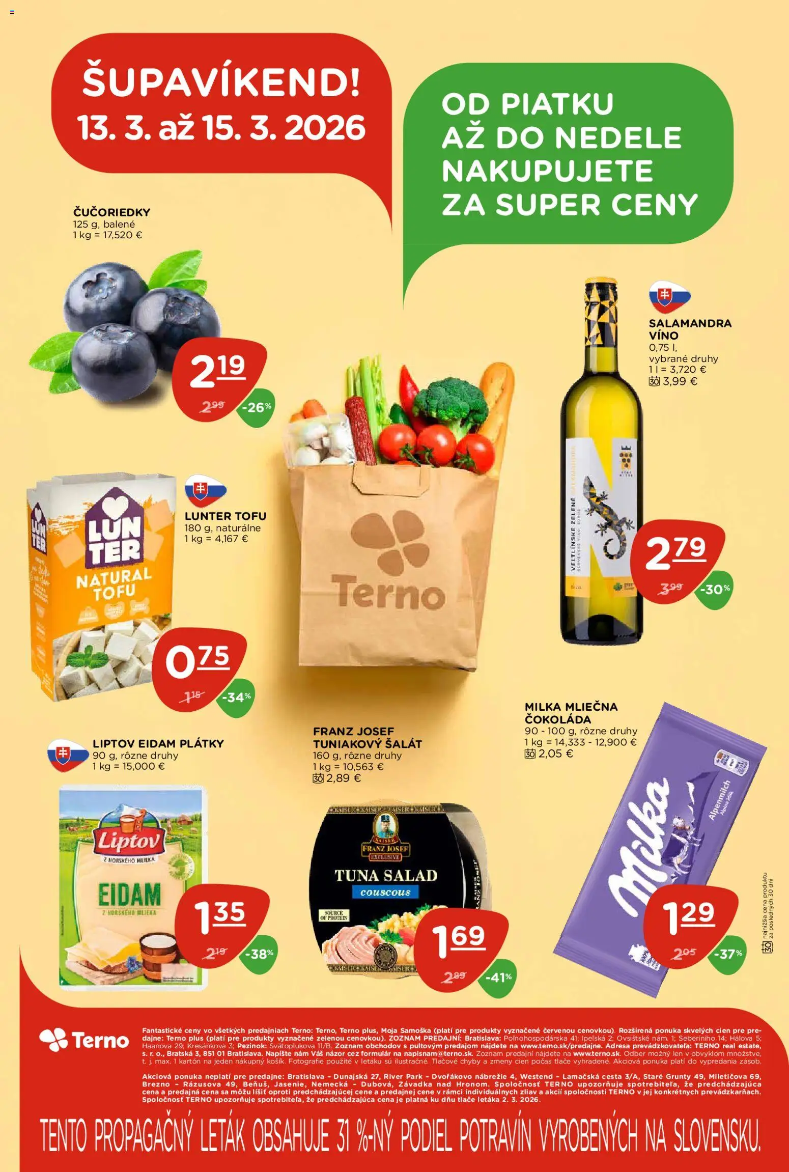 Nové Terno akcie – leták je platný od 12.03.2026 | Strana: 20 | Produkty: Víno, Tofu, Čokoláda, Čučoriedky
