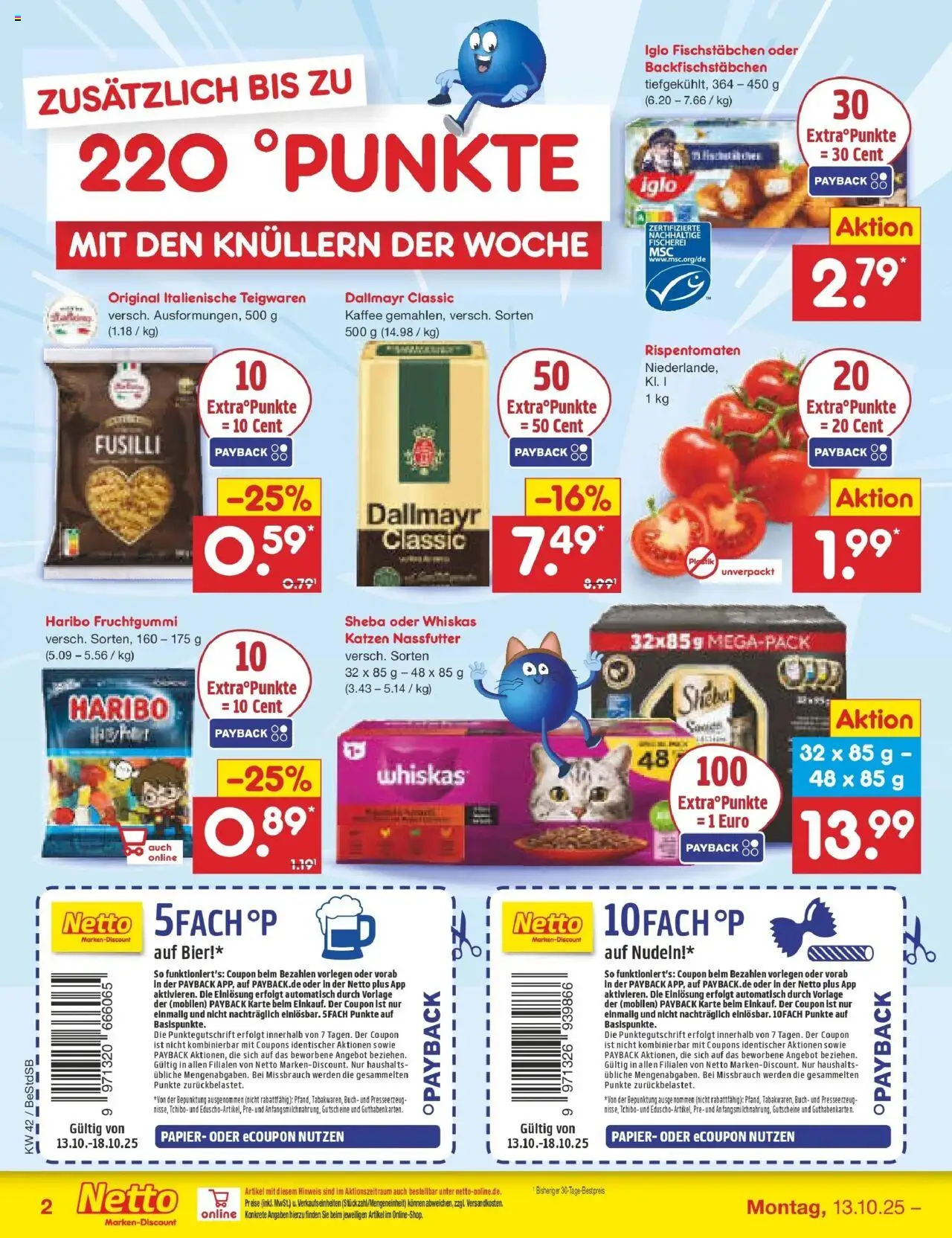 Netto Marken-Discount Prospekt 	 – gültig ab 13.10.2025 | Seite: 2 | Produkte: Kaffee, Bier, Fischstabchen, Whiskas