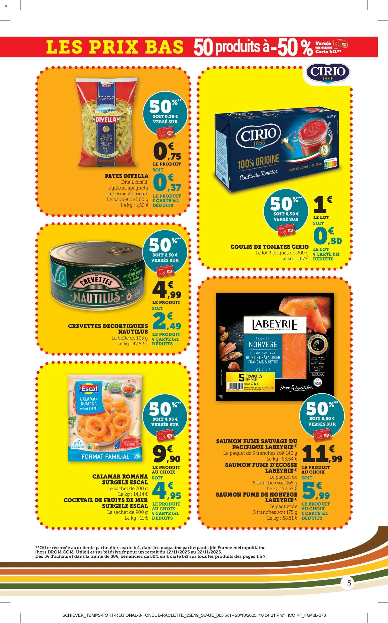 {H1} | Page: 5 | Produits: Crevettes, Briques, Pâtes, Saumon