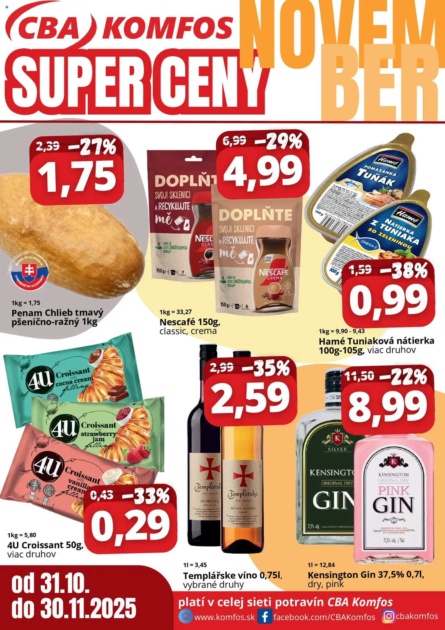 Nové CBA Komfos akcie – leták je platný od 31.10.2025 | Strana: 1 | Produkty: Chlieb, Káva, Croissant, Gin