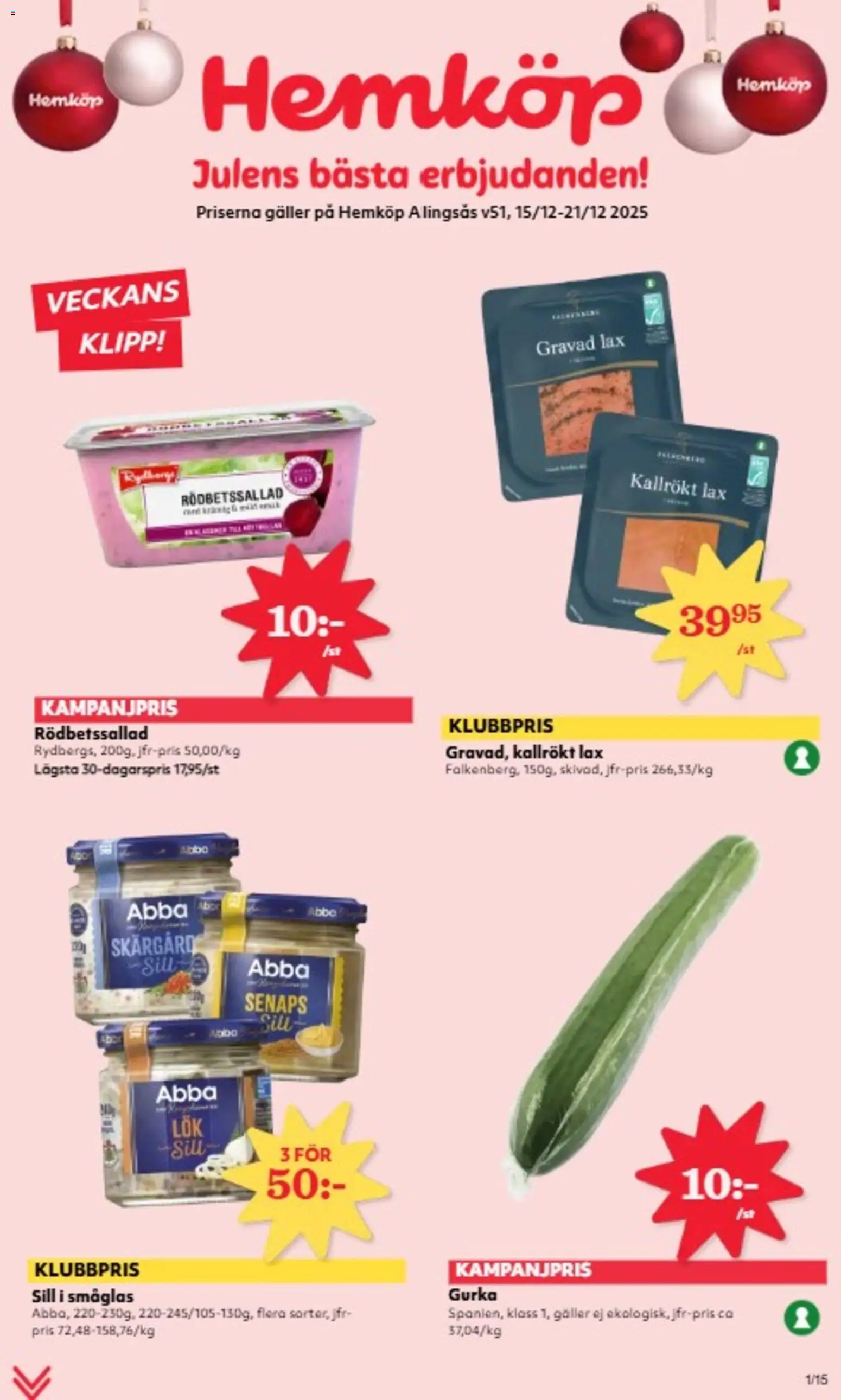Hemköp reklamblad aktuell från 15.12.2025 | Sida: 1 | Produkter: Rödbetssallad, Galler, Sill, Lax