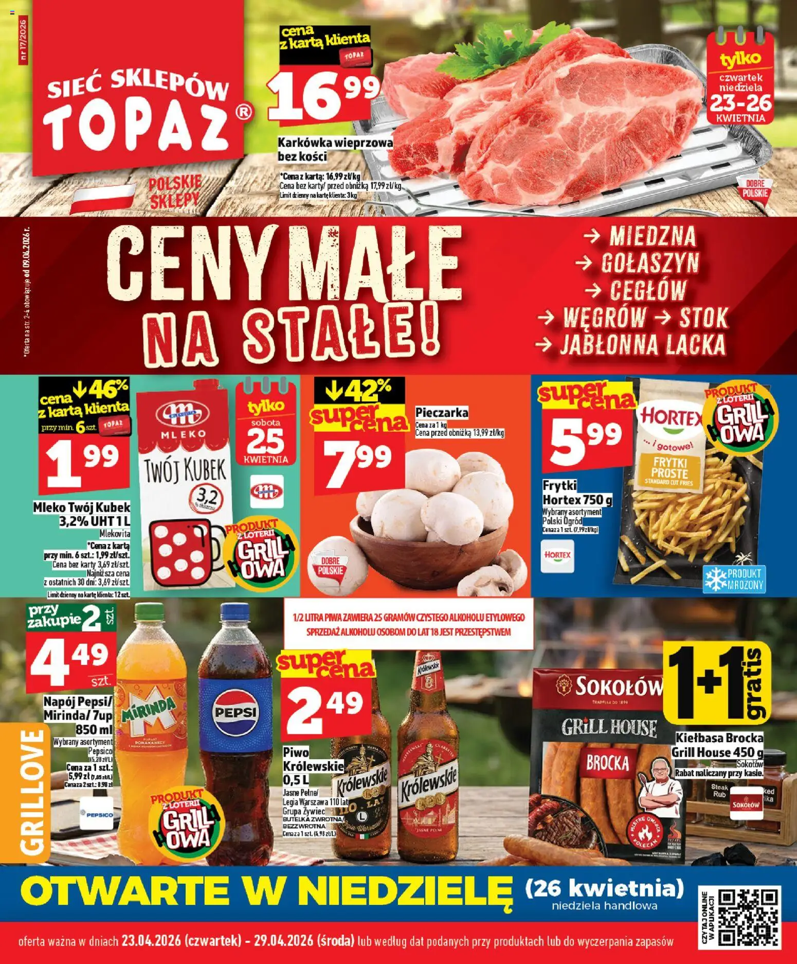 Topaz gazetka - Ceny małe na stałe od 23.04.2026 | Strona: 1 | Produkty: Karta, Karkówka, Mleko, Piwo