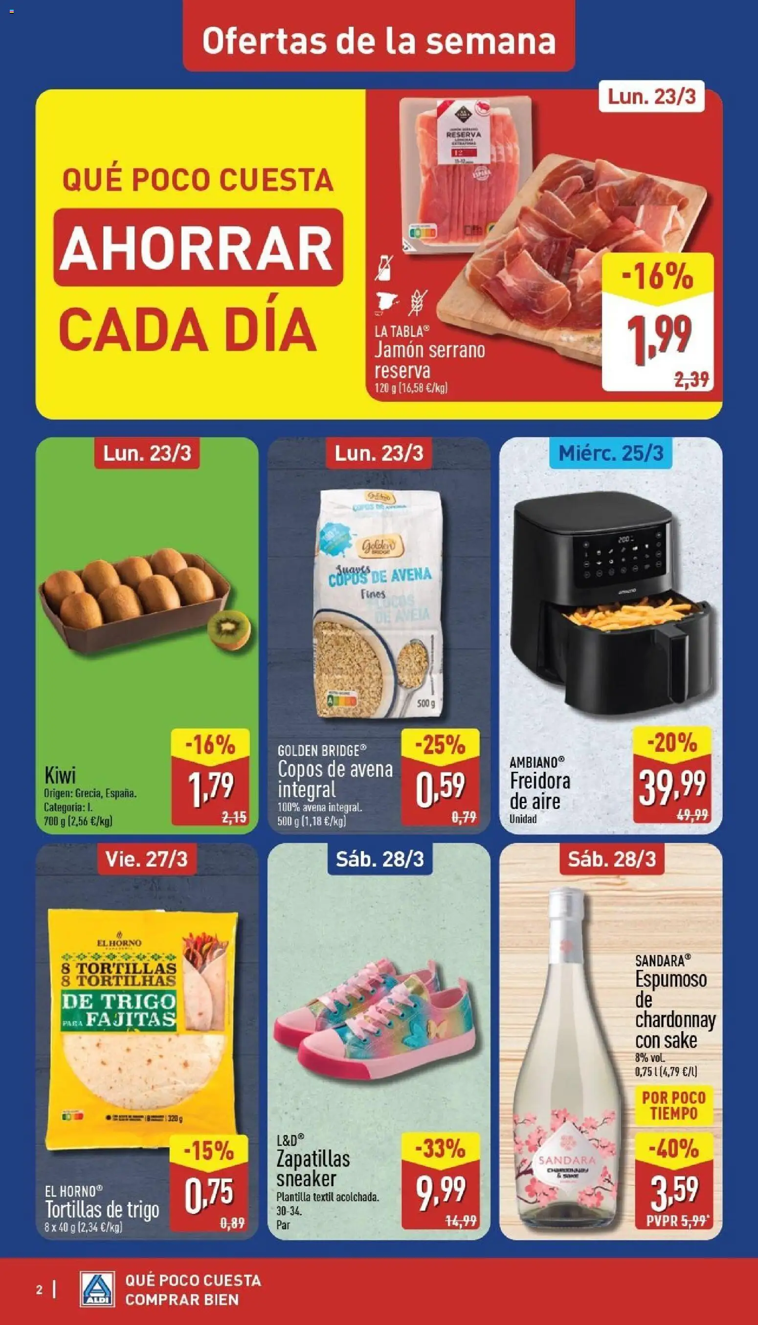 Aldi folleto Península │ válido desde el 23.03.2026 | Página: 2 | Productos: Jamón serrano, Jamón, Zapatillas, Freidora