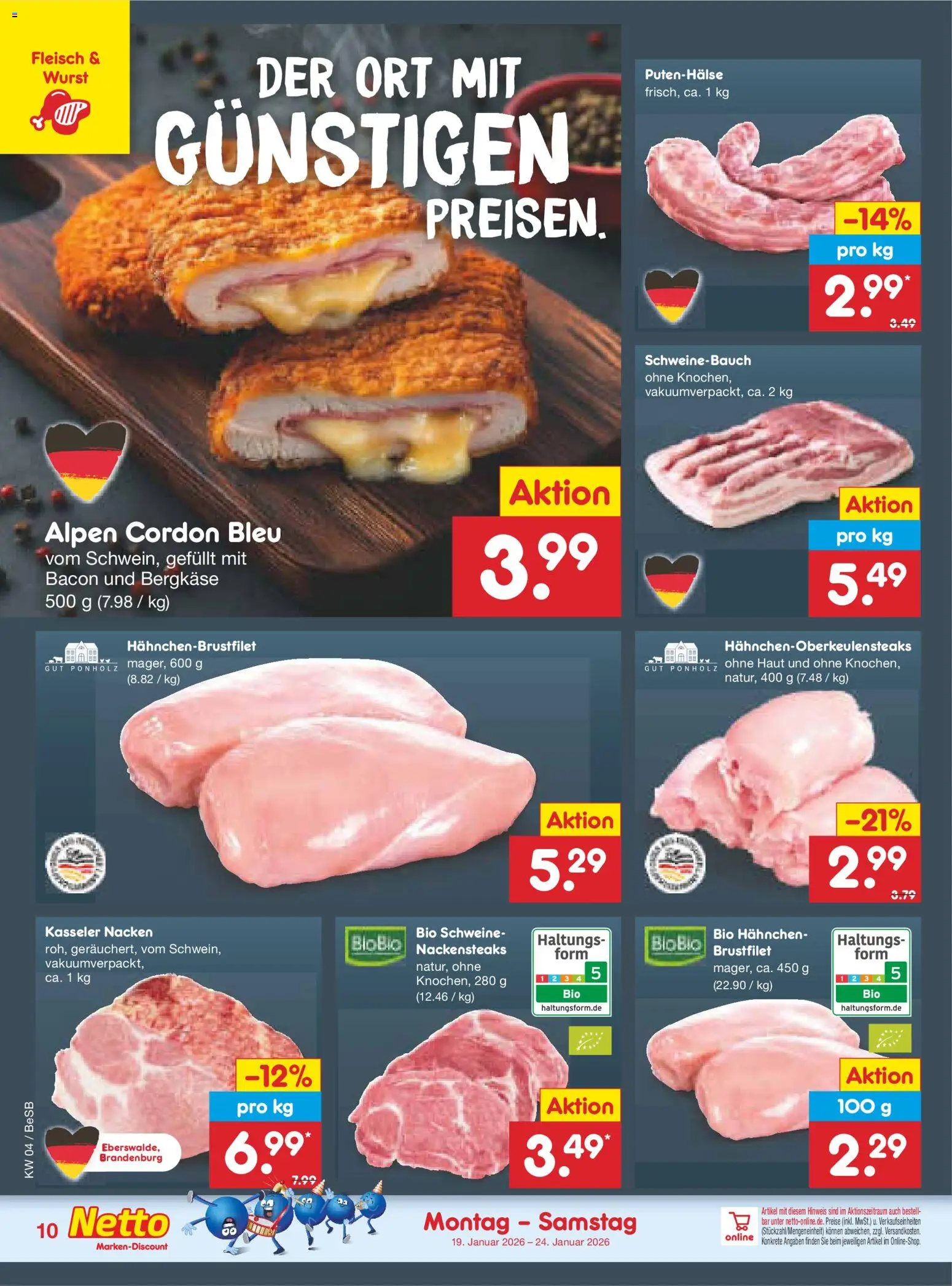 Netto Marken-Discount Prospekt 	 – gültig ab 19.01.2026 | Seite: 10 | Produkte: Schweinebauch, Kasseler nacken, Wurst, Fleisch