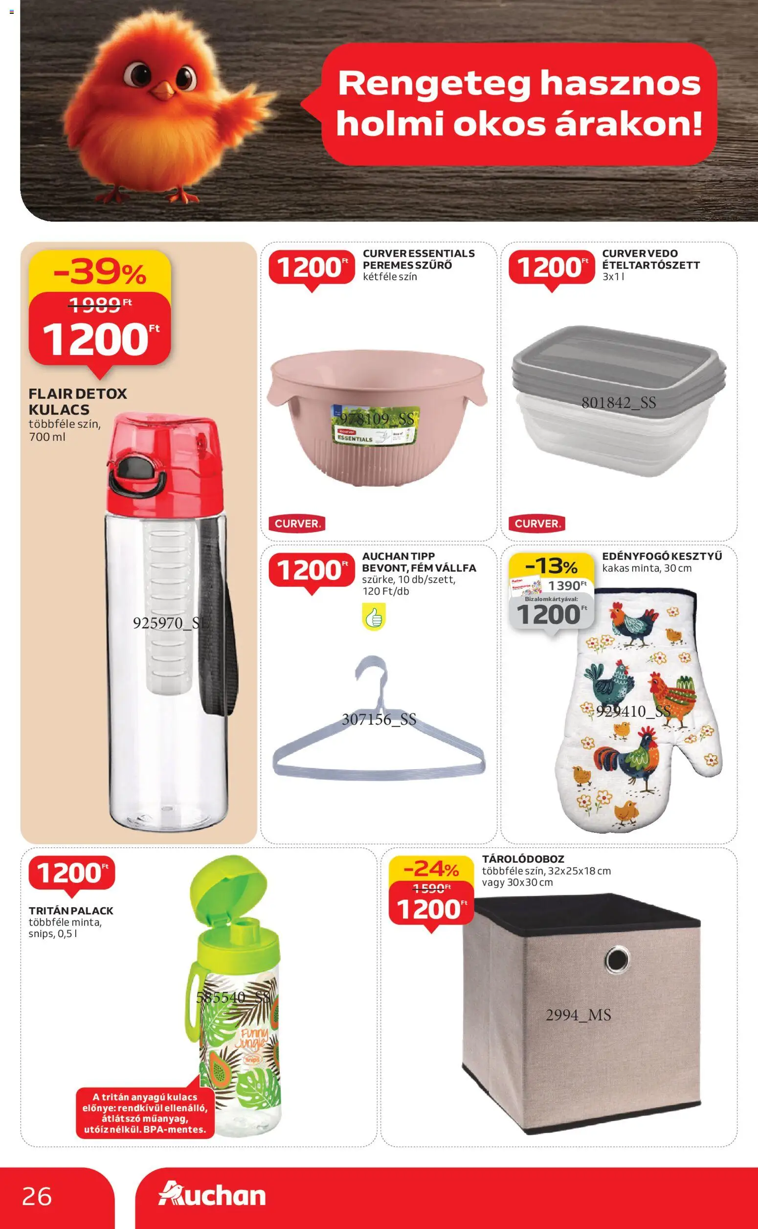 Auchan akciós ujság - amely érvényes a következő dátumtól: 15.01.2026 | Oldal: 26 | Termékek: Kesztyű, Tárolódoboz, Vállfa, Kulacs