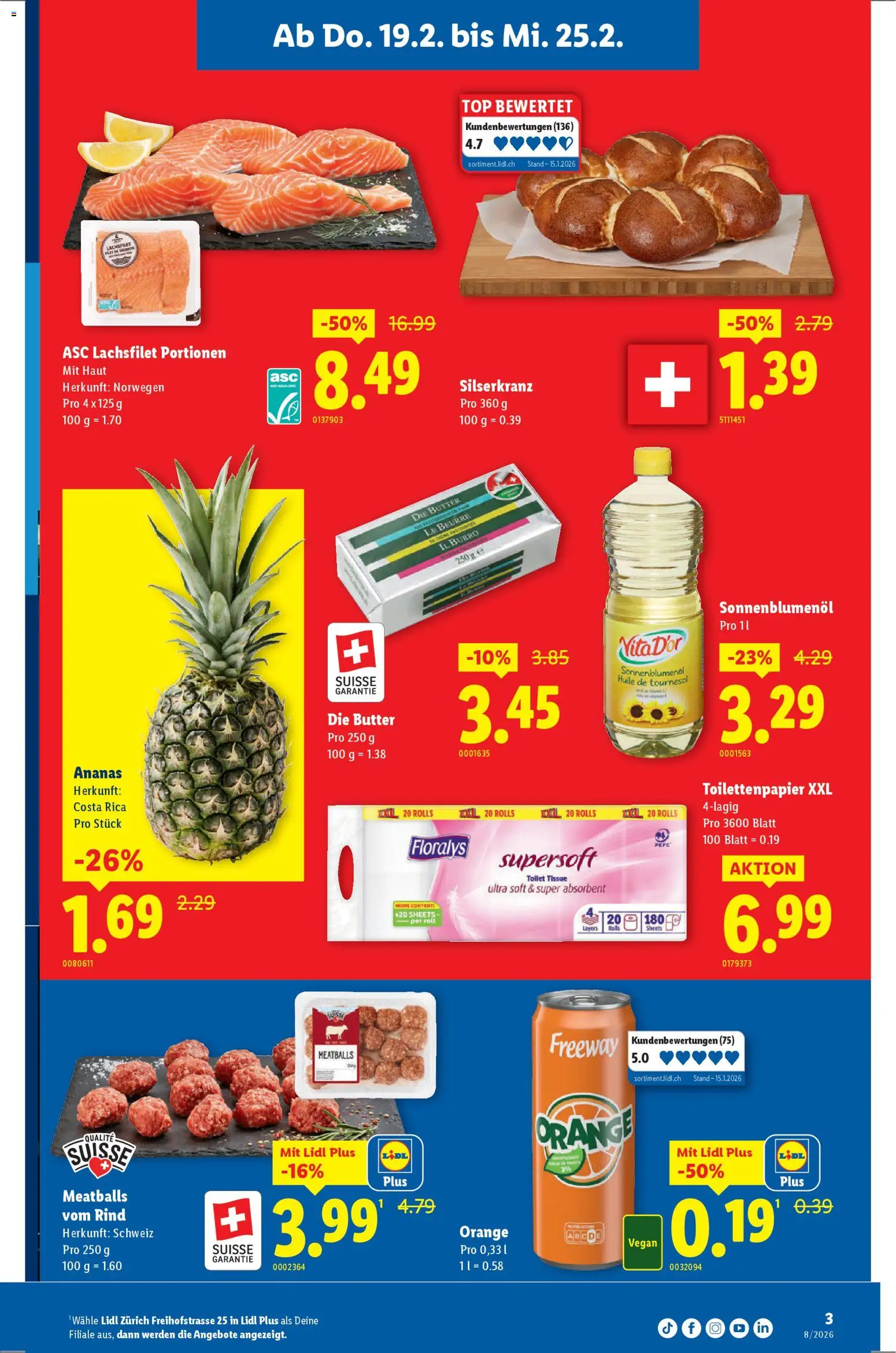 Lidl Aktionen Neueröffnung Zürich – gültig ab 19.02.2026 | Seite: 3 | Produkte: Butter, Ananas, Top, Toilettenpapier