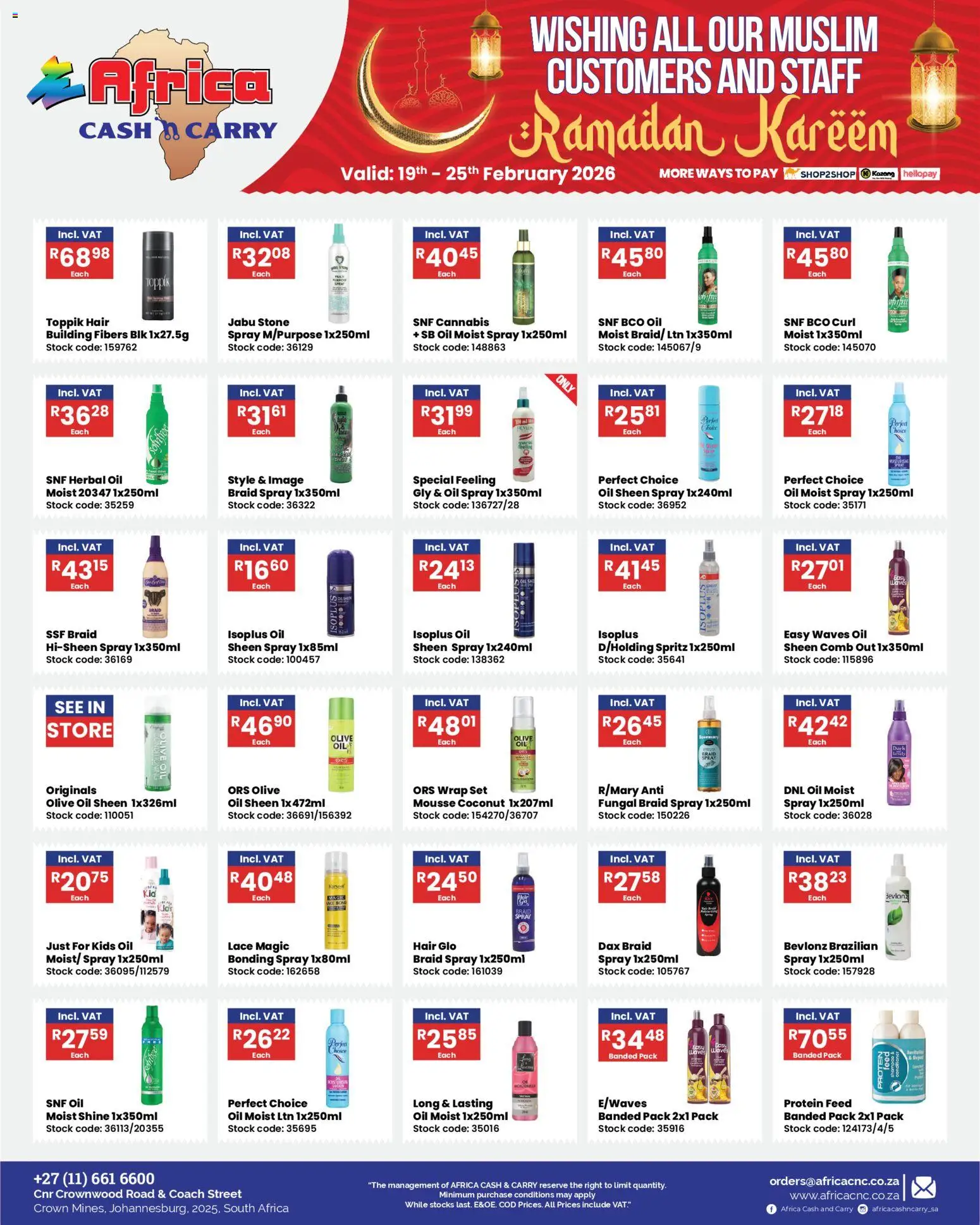 New Africa Cash & Carry catalogue – valid from 19.02.2026 | Page: 1 | Products: Detergente líquido, Oil, Stock