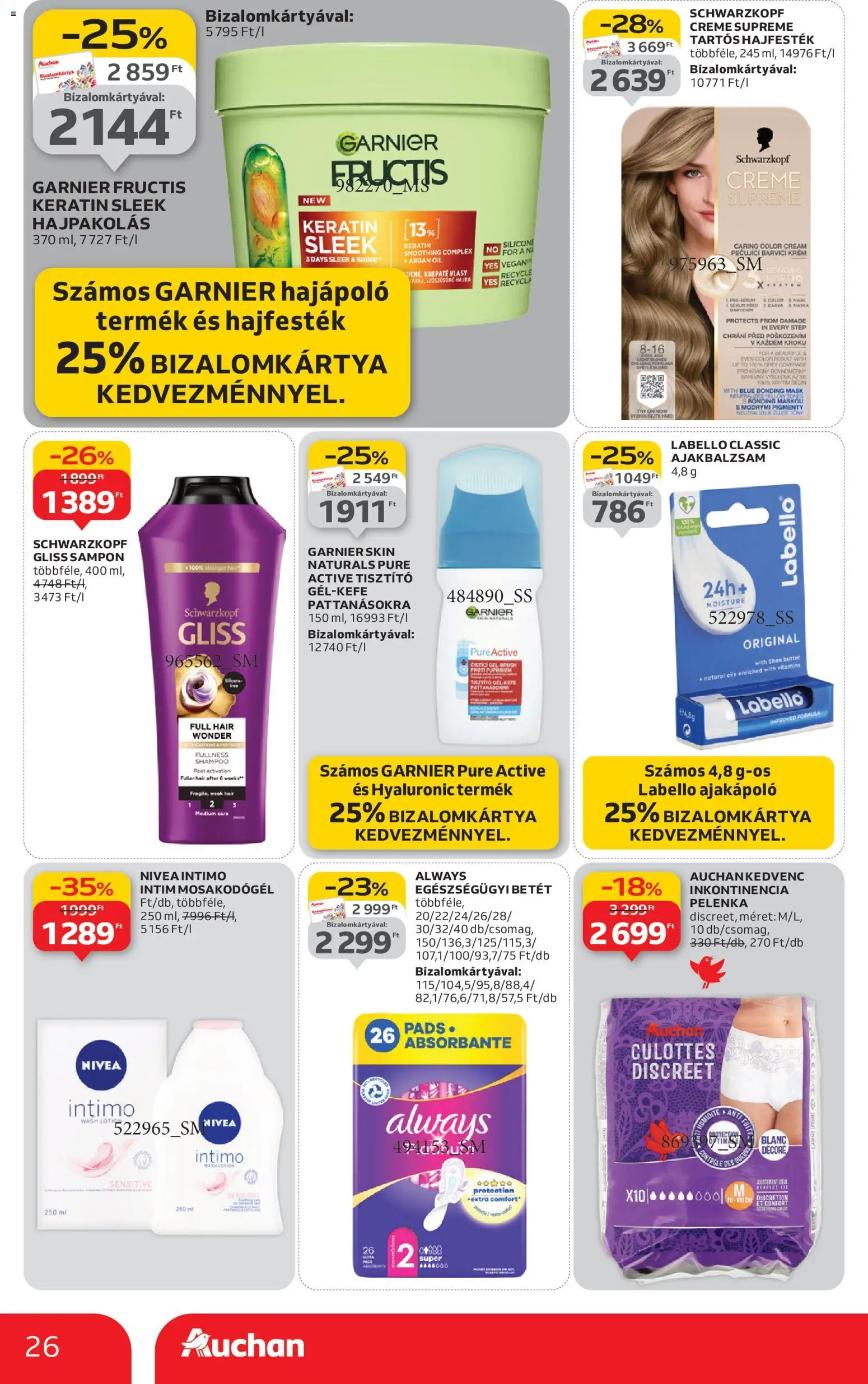 Auchan akciós ujság - amely érvényes a következő dátumtól: 02.01.2026 | Oldal: 26 | Termékek: Hajpakolás, Hajfesték, Pelenka, Sampon