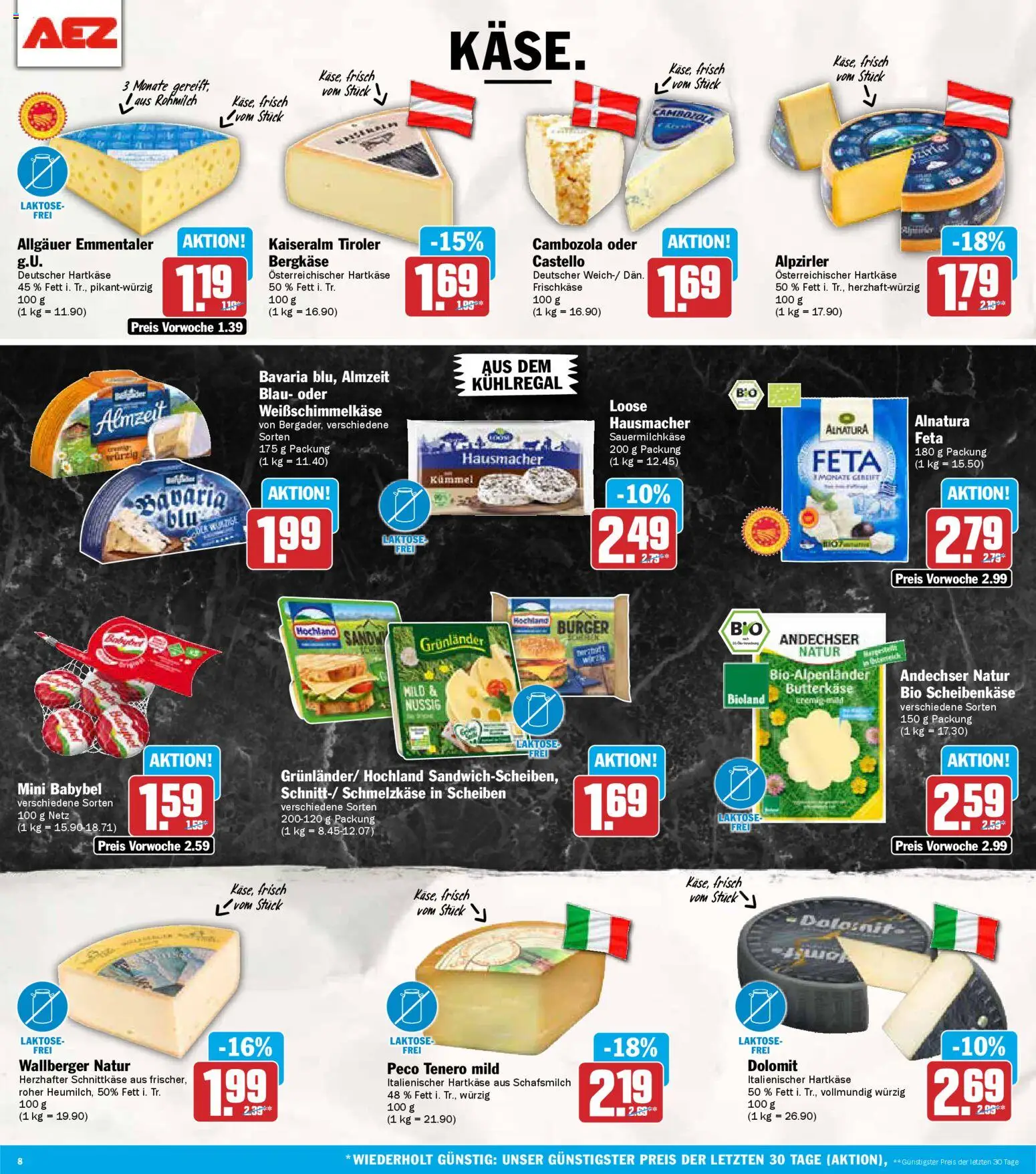 AEZ Prospekt 	 – gültig ab 29.12.2025 | Seite: 8 | Produkte: Feta, Burger, Grunlander, Babybel
