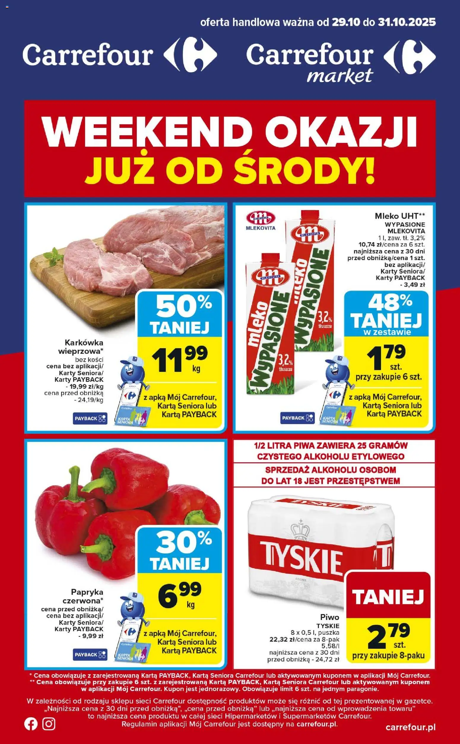 Carrefour Gazetka - Weekend okazji już od środy od 29.10.2025 | Strona: 1 | Produkty: Mleko wypasione, Papryka, Mleko, Piwo