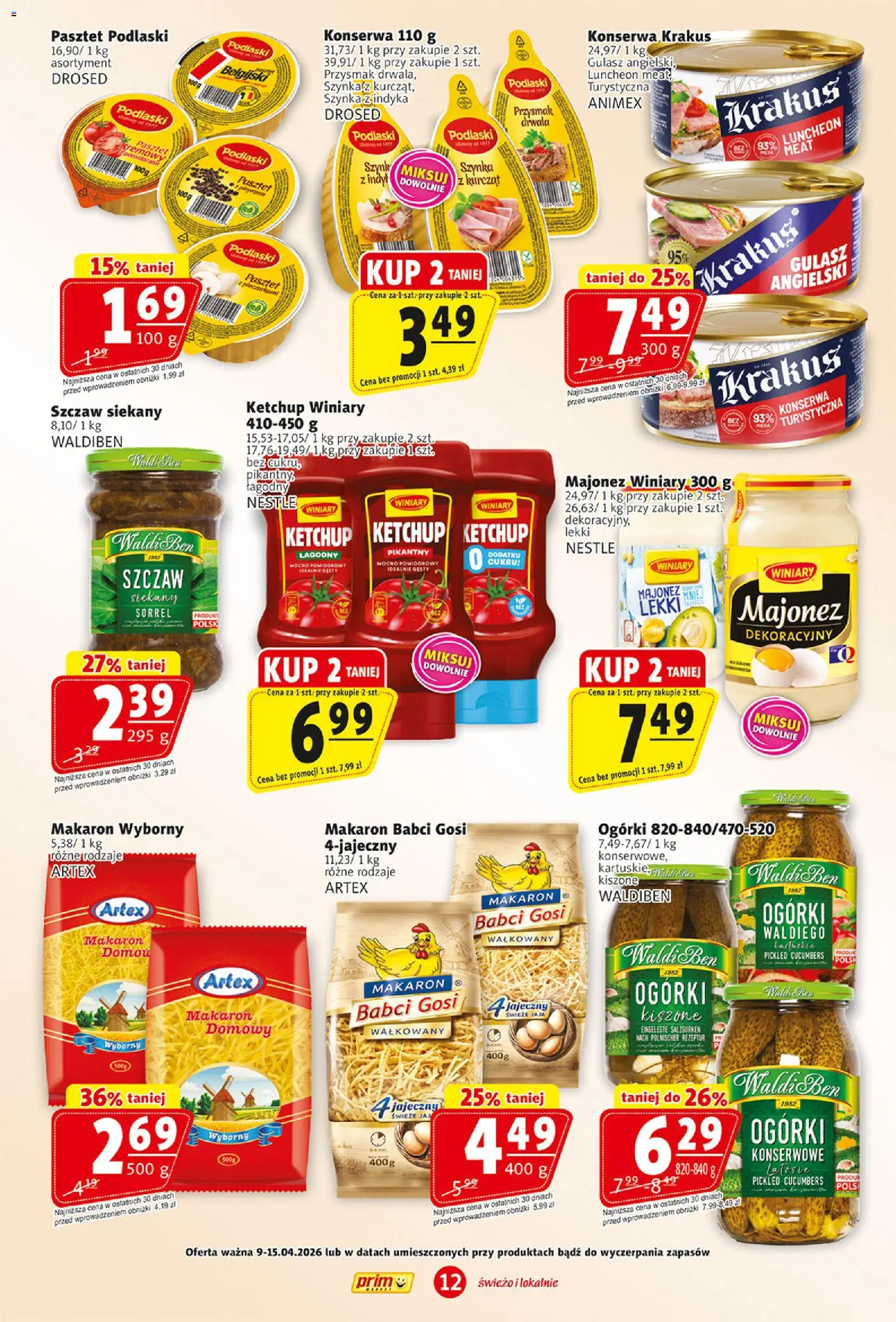 Prim Market gazetka od 09.04.2026 | Strona: 12 | Produkty: Ketchup, Szynka, Majonez winiary, Jaja