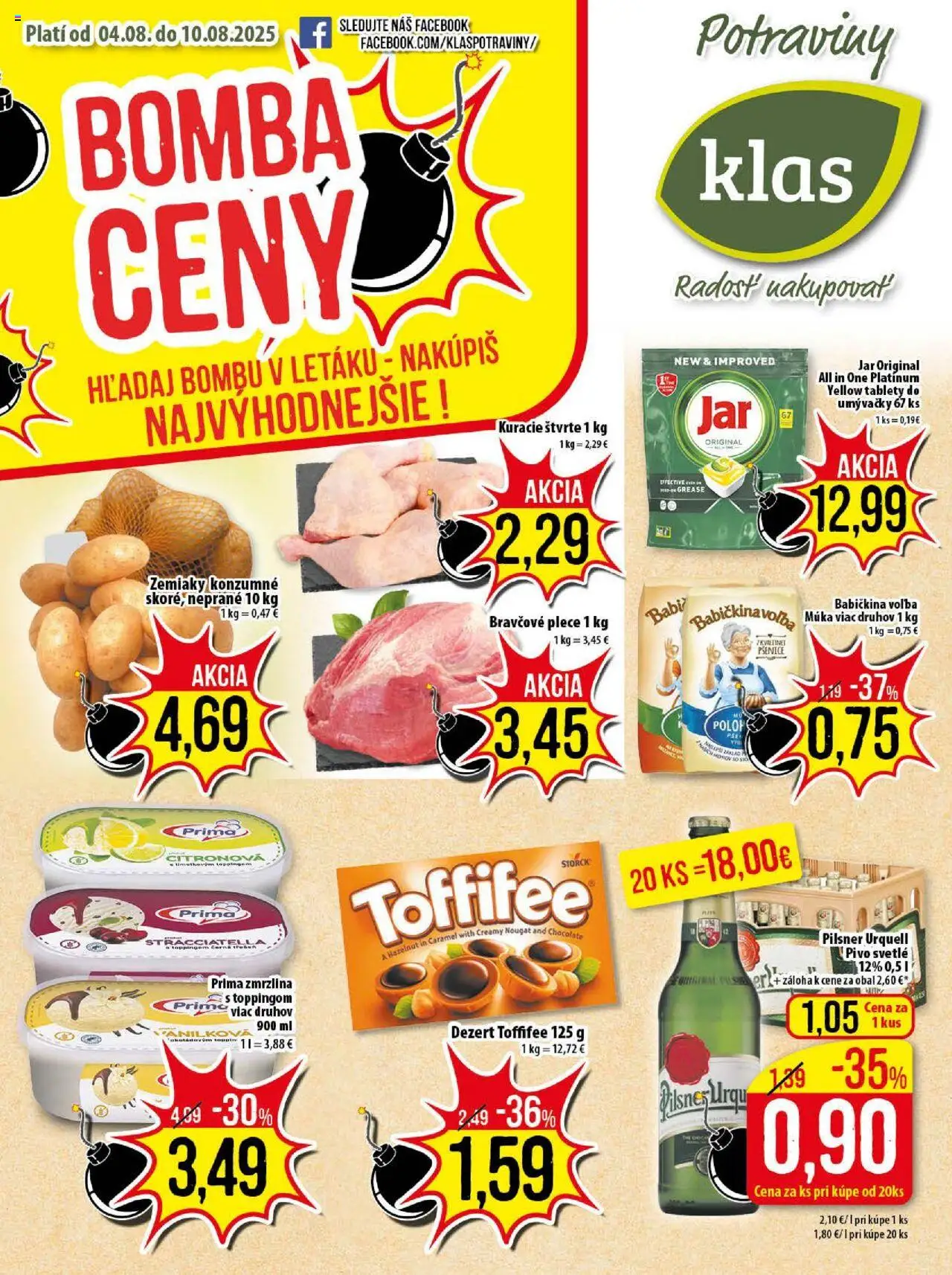Klas leták │ platný od 04.08.2025 | Strana: 1 | Produkty: Pivo, Pilsner Urquell, Zmrzlina, Toffifee