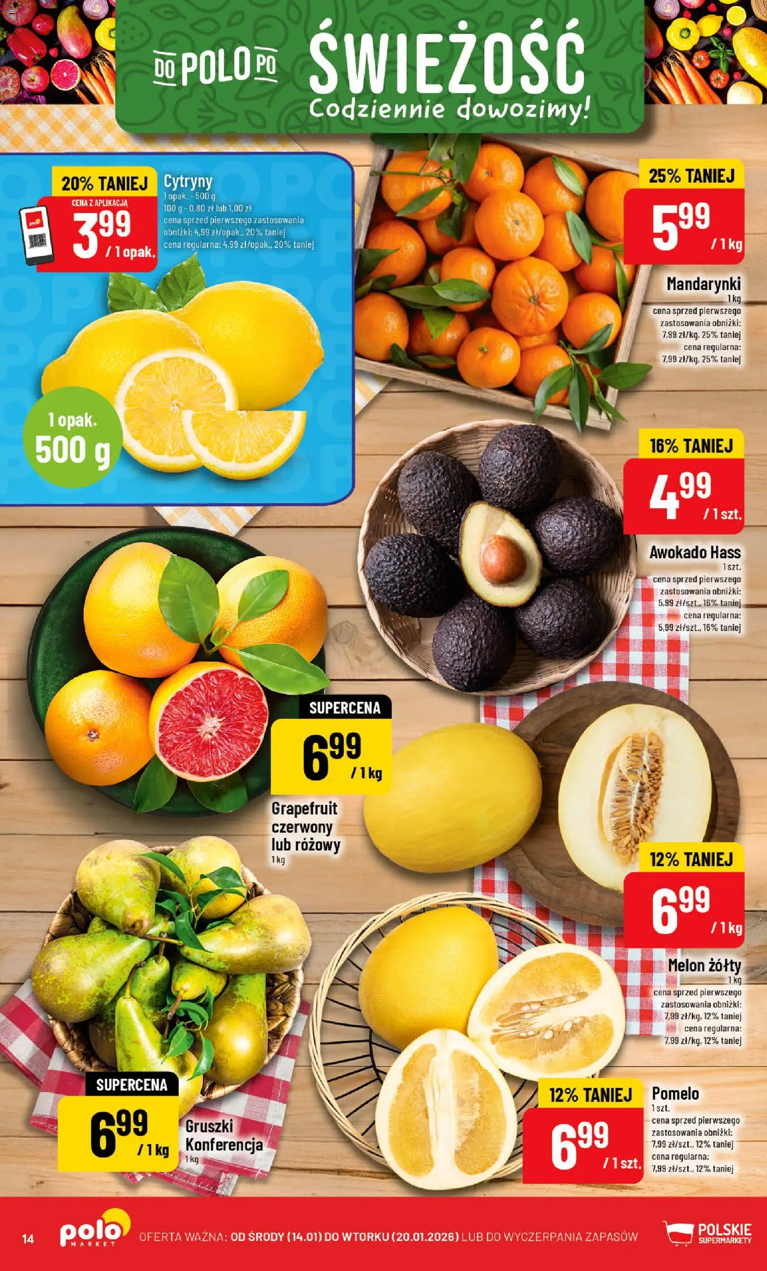 POLOmarket Gazetka od 14.01.2026 | Strona: 14 | Produkty: Melon, Pomelo, Cytryny, Awokado