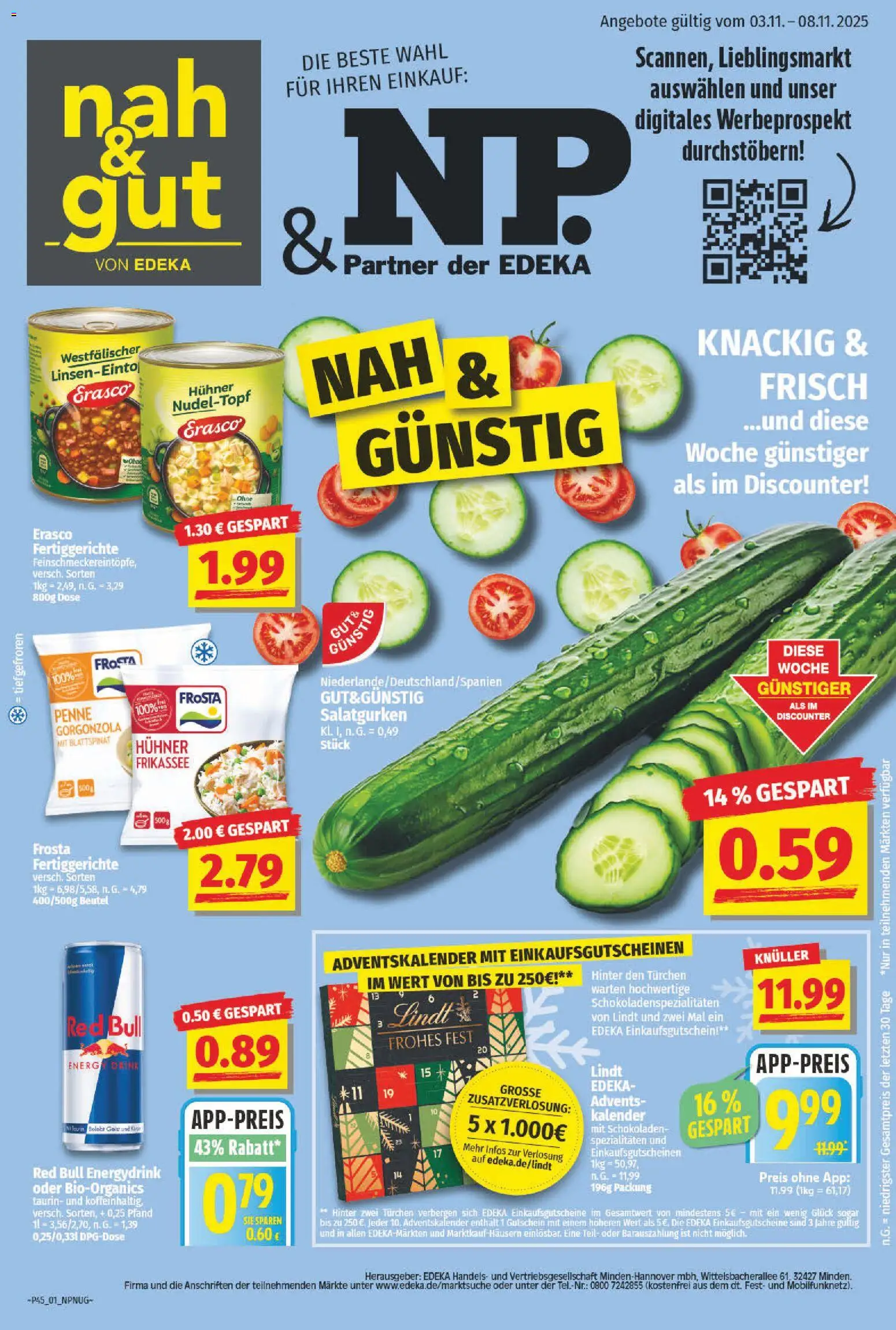NP Discount Prospekt 	 – gültig ab 03.11.2025 | Seite: 1 | Produkte: Red bull, Energy, Frosta, Lindt