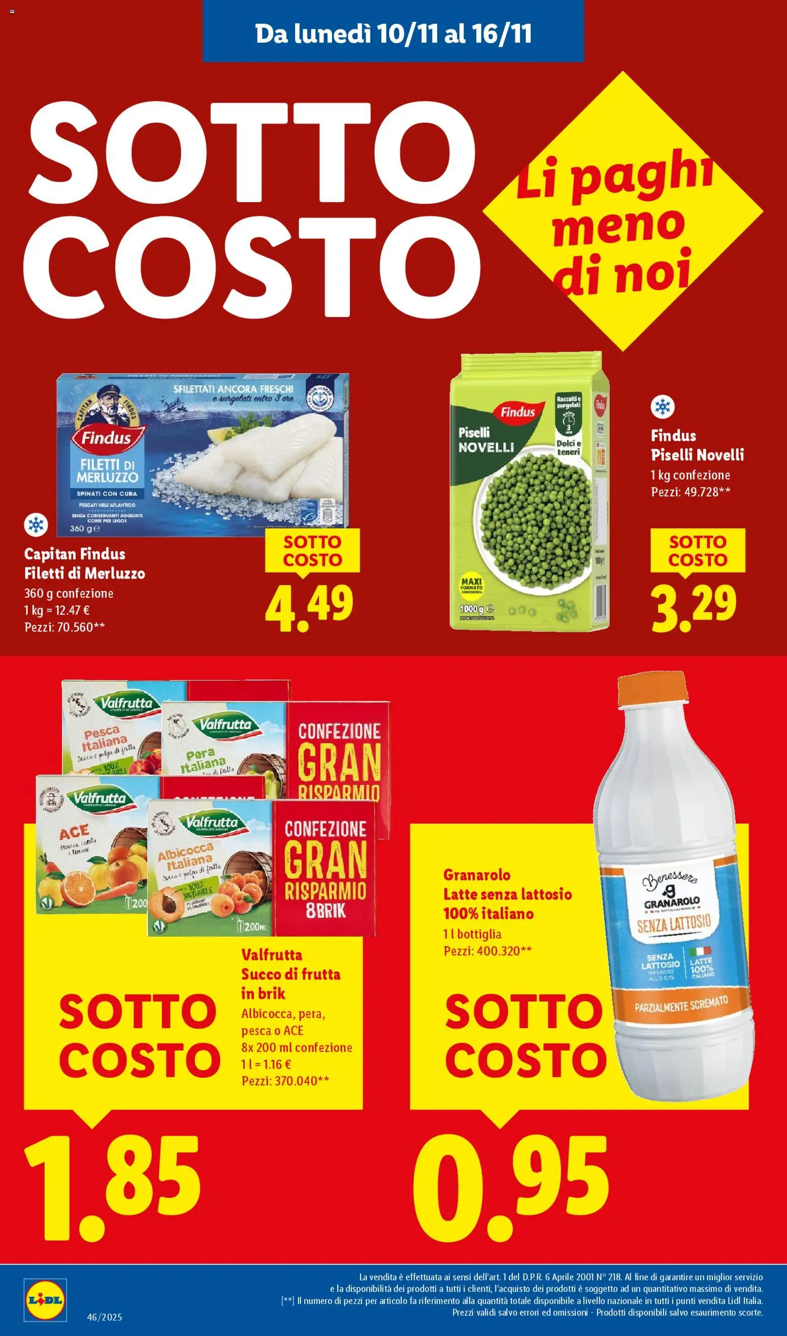 Volantino Lidl del 10.11.2025 | Pagina: 4 | Prodotti: Merluzzo, Frutta, Latte, Bottiglia