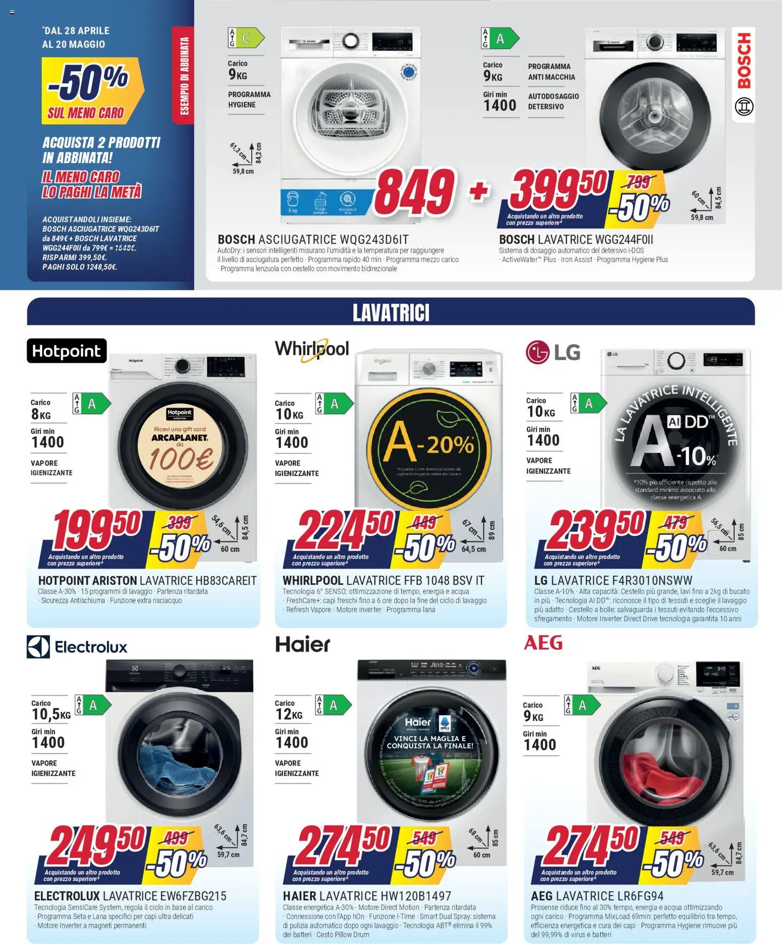Volantino Trony del 28.04.2026 | Pagina: 3 | Prodotti: Acqua, Lavatrice, Asciugatrice, Lenzuola