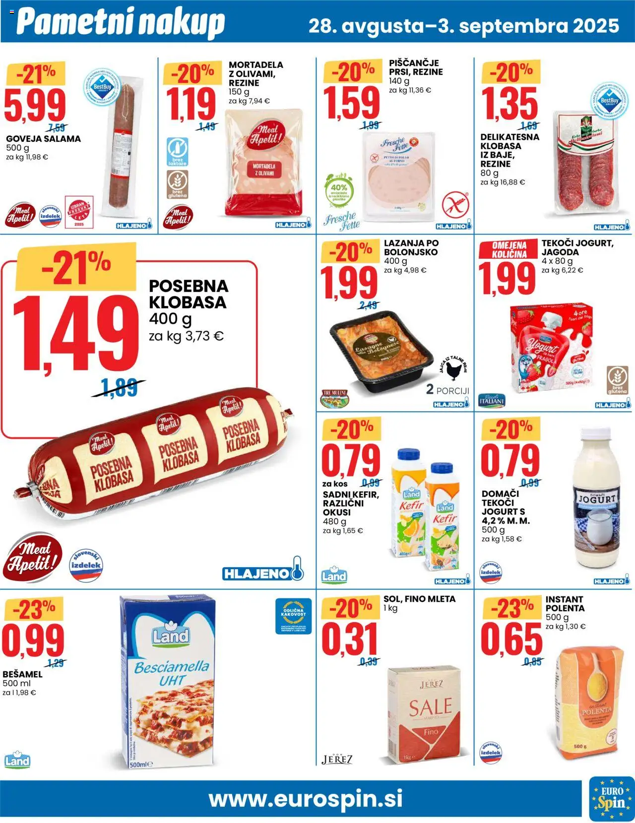 Eurospin katalog │ velja od 28.08.2025 | Stran: 7 | Izdelki: Mortadela, Kefir, Kos, Lazanja