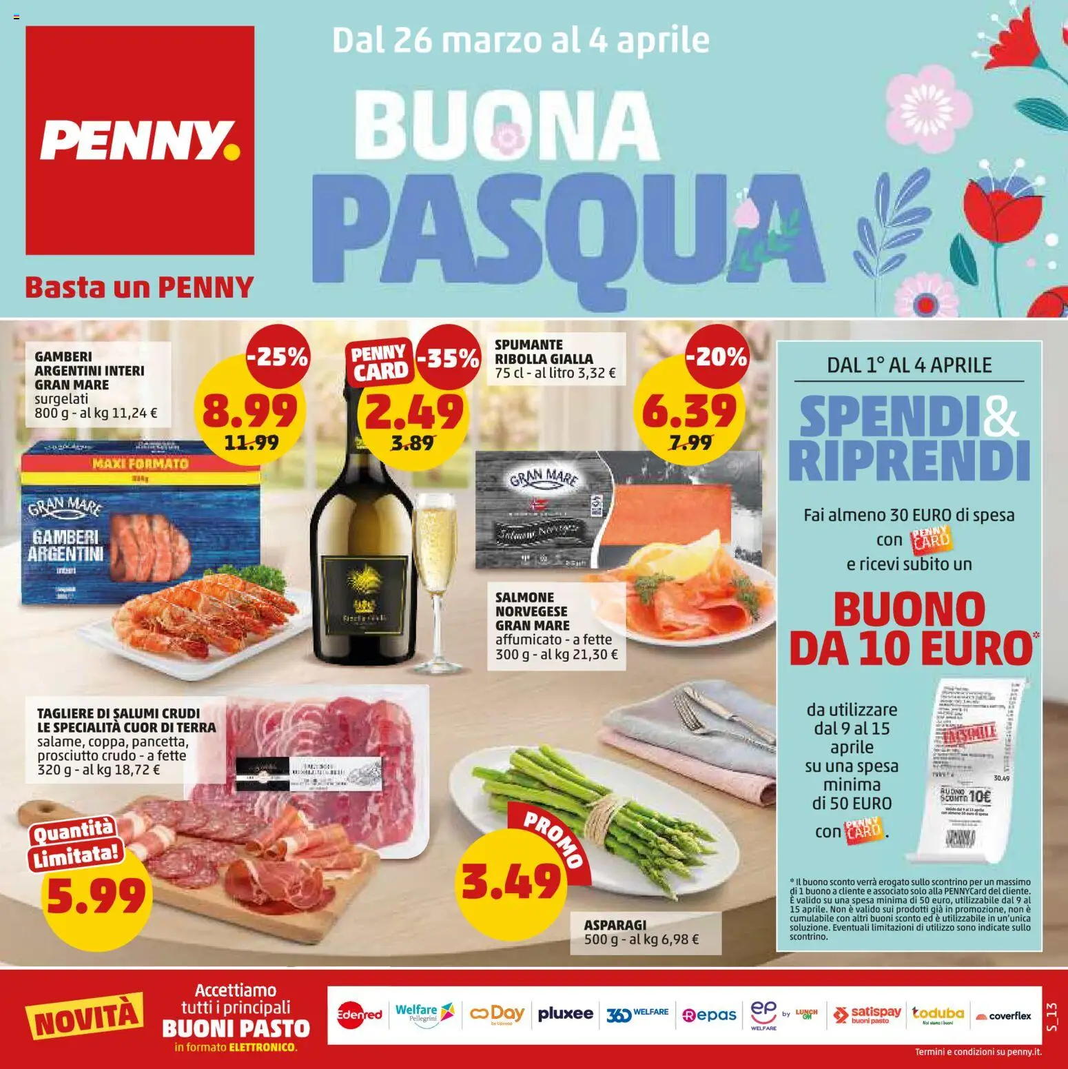 Volantino PENNY del 26.03.2026 | Pagina: 1 | Prodotti: Prosciutto Crudo, Gamberi, Tagliere, Terra