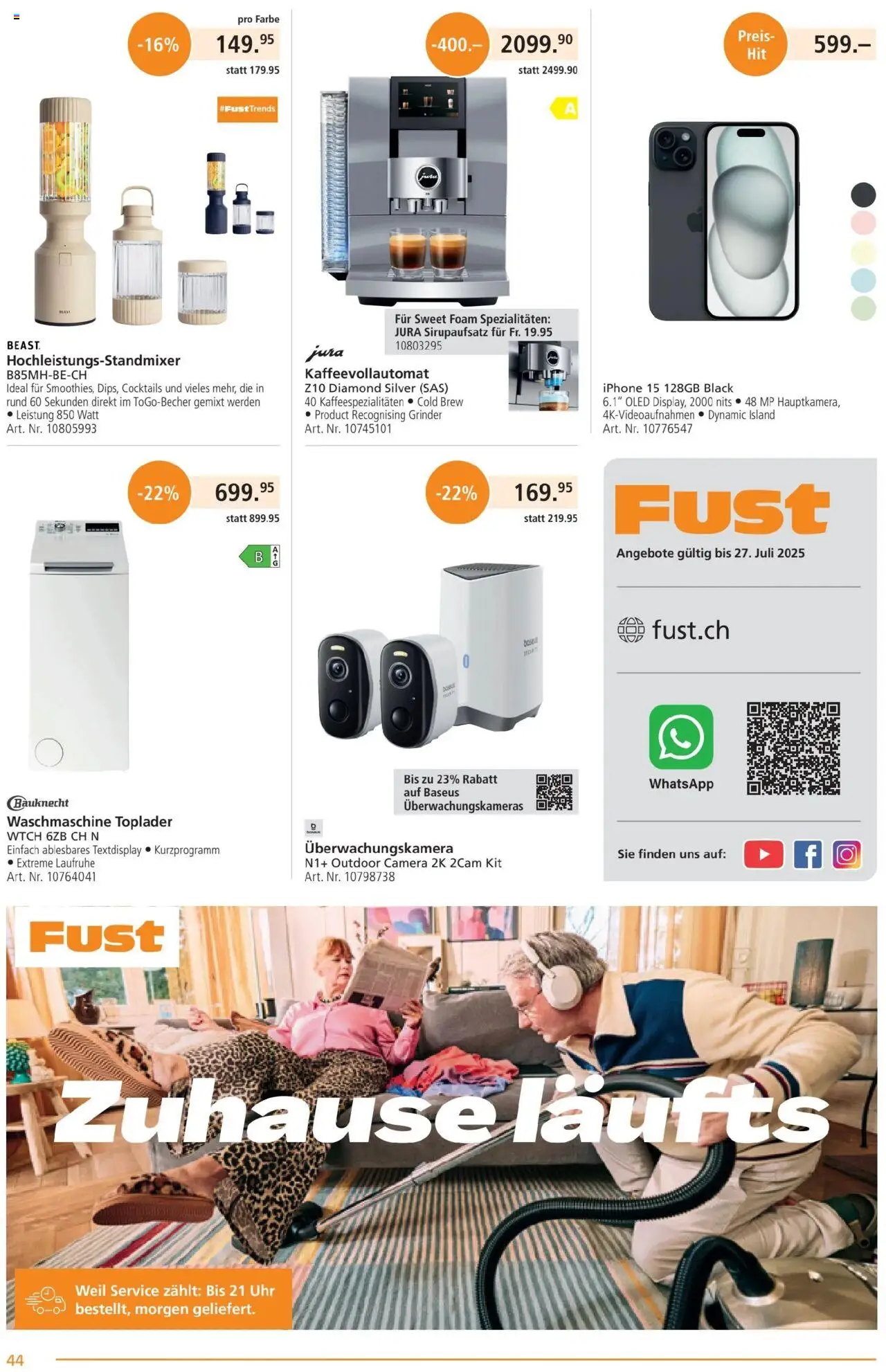 Fust Aktionen ab 23.06.2025 | Seite: 44 | Produkte: Toplader, Kaffeevollautomat, Uhr, Waschmaschine