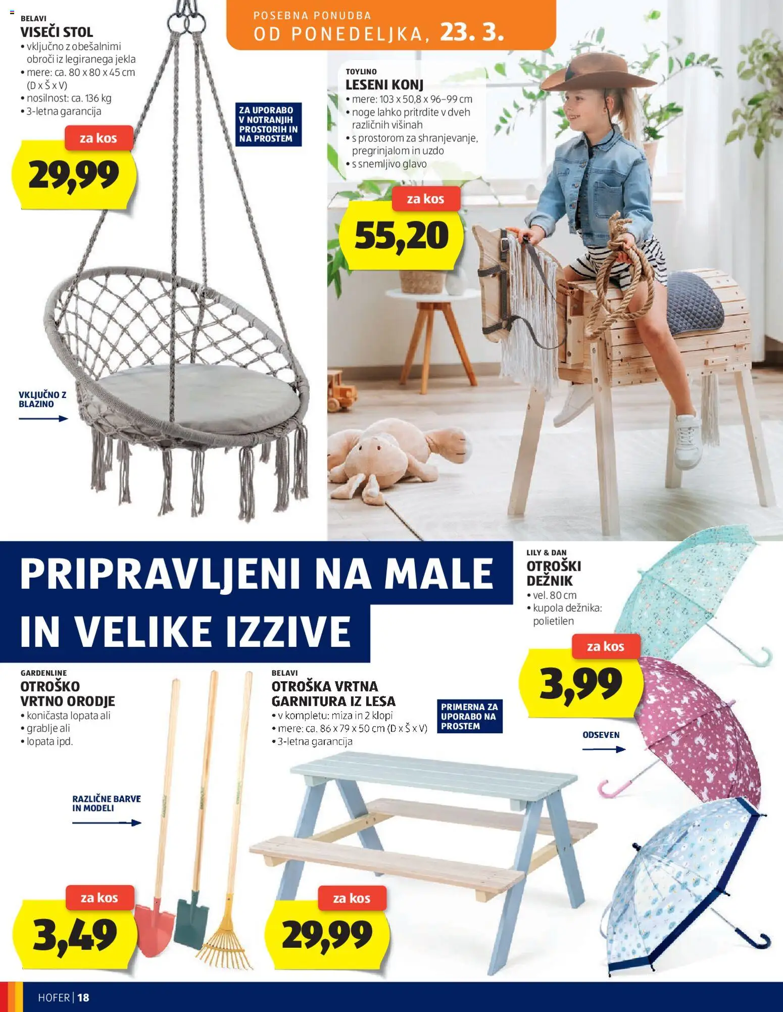 Novi Hofer katalog katalog ponudbe – veljaven od 19.03.2026 | Stran: 18 | Izdelki: Vrtna garnitura, Viseči stol, Miza, Orodje