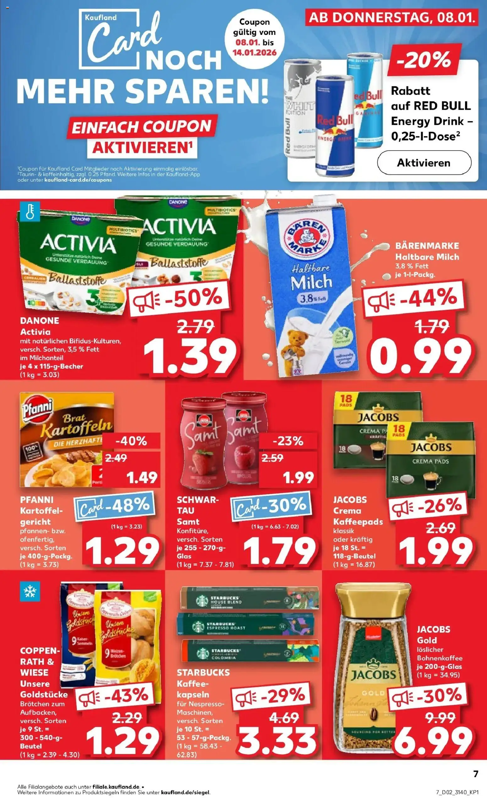 Kaufland prospekt Taucha	 – gültig ab 08.01.2026 | Seite: 7 | Produkte: Red bull, Danone activia, Schwartau samt, Haltbare milch