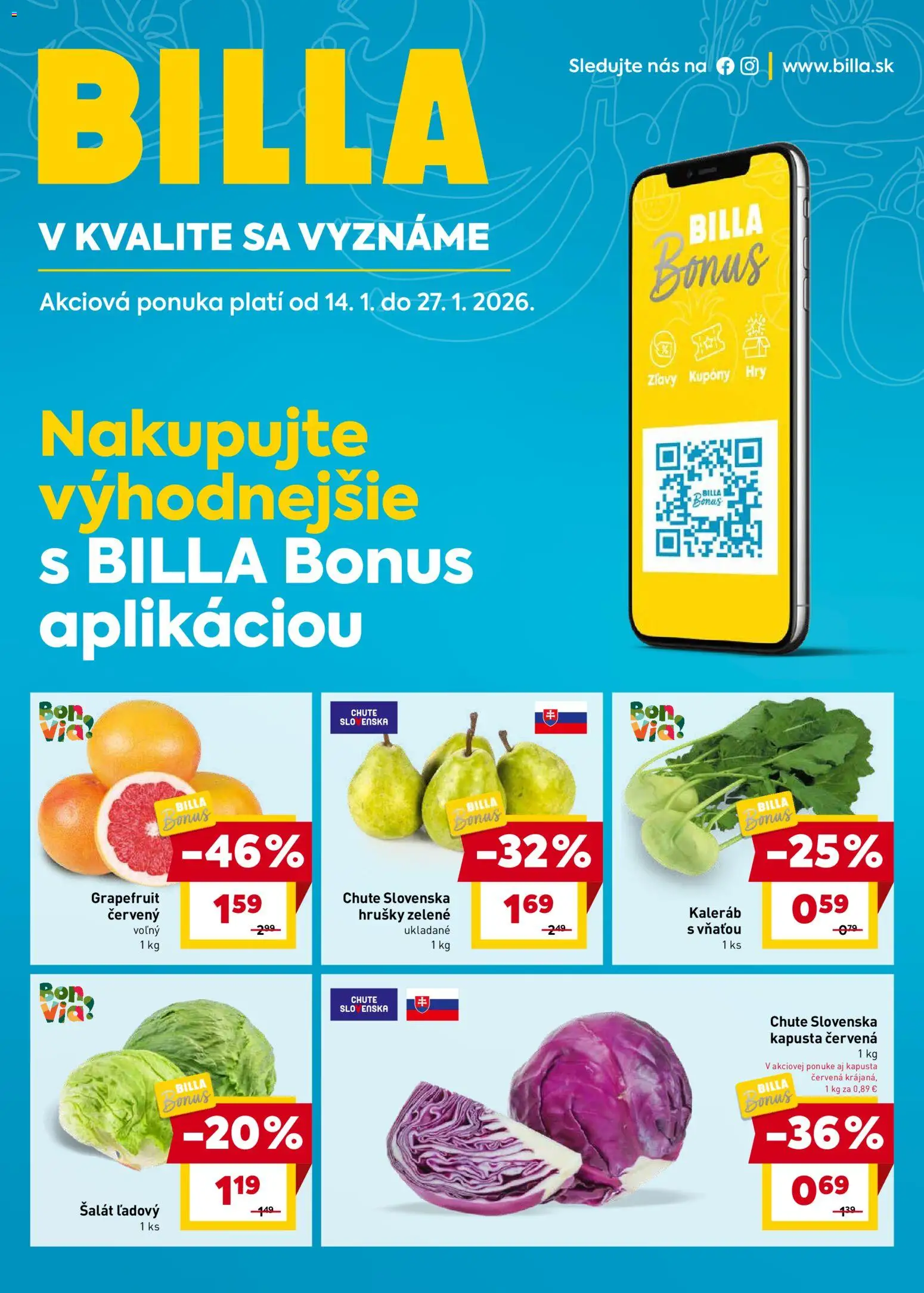 Nové Billa akcie – leták je platný od 14.01.2026 | Strana: 1 | Produkty: Kapusta, Šalát, Grapefruit, Hrušky