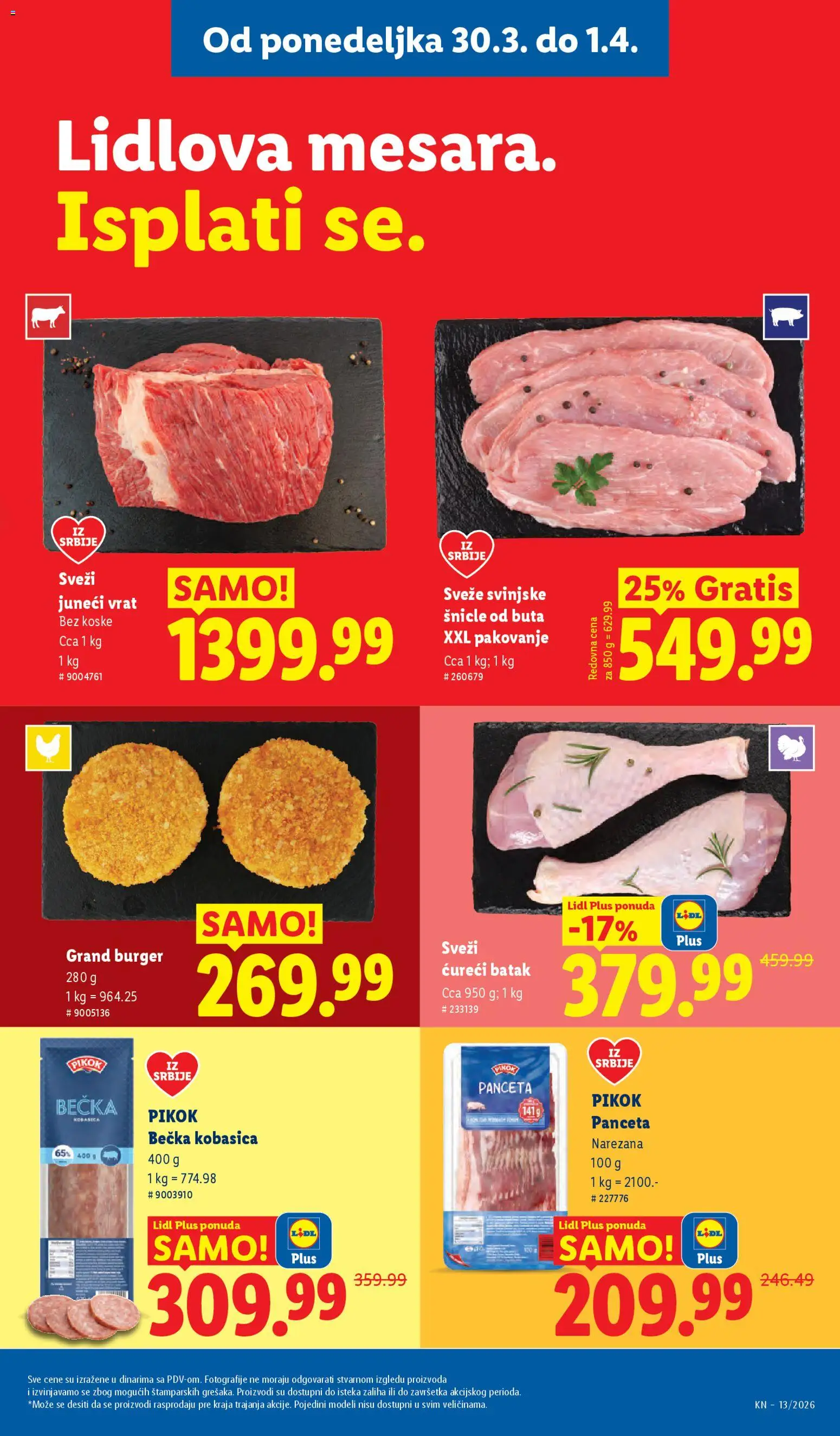 Lidl katalog - važi od 26.03.2026 | Strana: 79 | Proizvode: Panceta, Svinjske šnicle, Burger, Kobasica