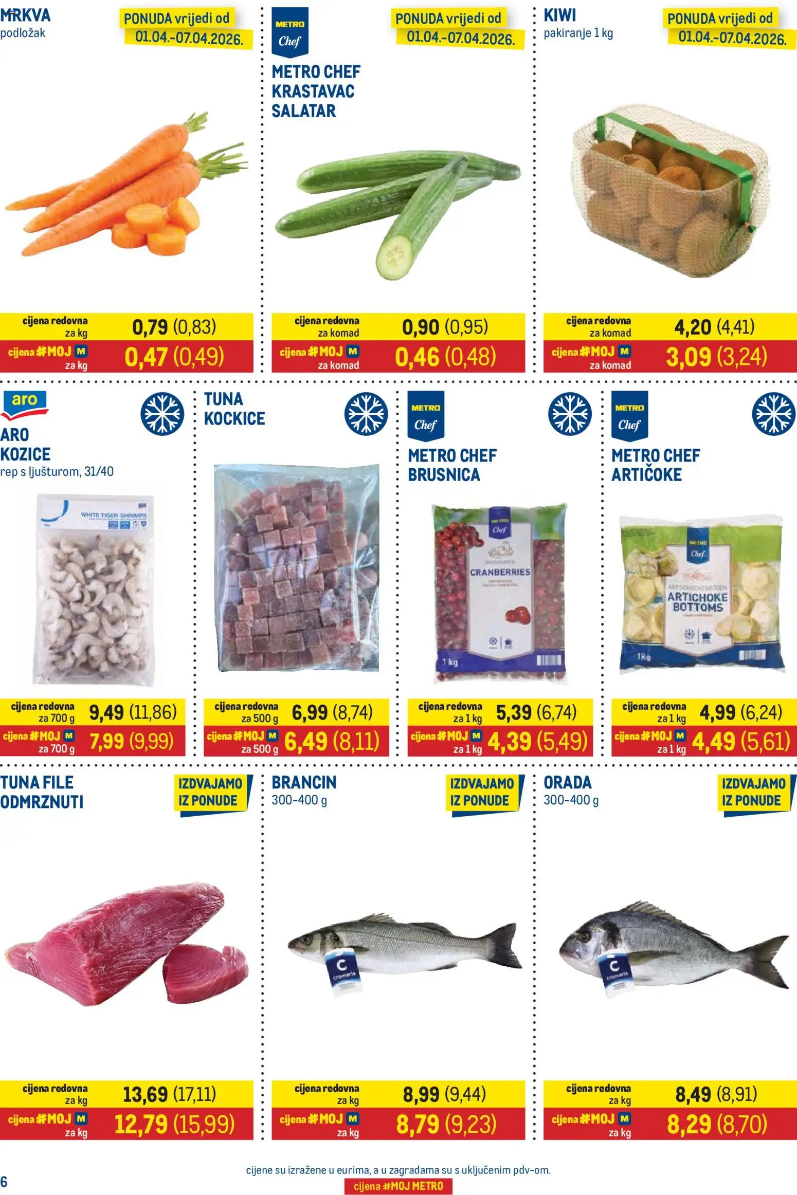 Metro katalog | vrijedi od 01.04.2026 | Stranica: 6 | Proizvodi: Mrkva, Brancin, Tuna, Kozice