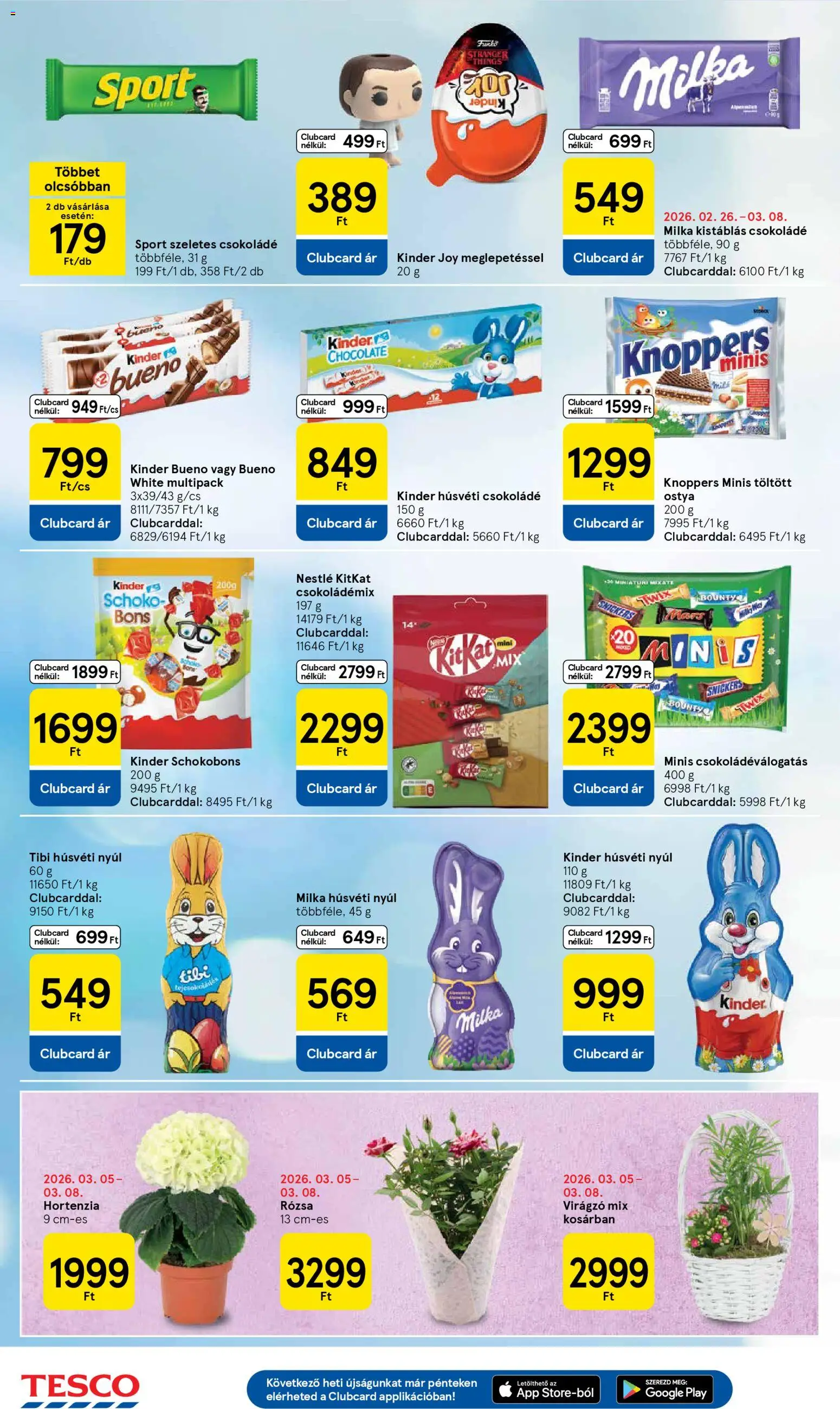 Tesco akciós ujság - amely érvényes a következő dátumtól: 05.03.2026 | Oldal: 26 | Termékek: Hortenzia, Tejcsokoládé, Snickers, Csokoládé