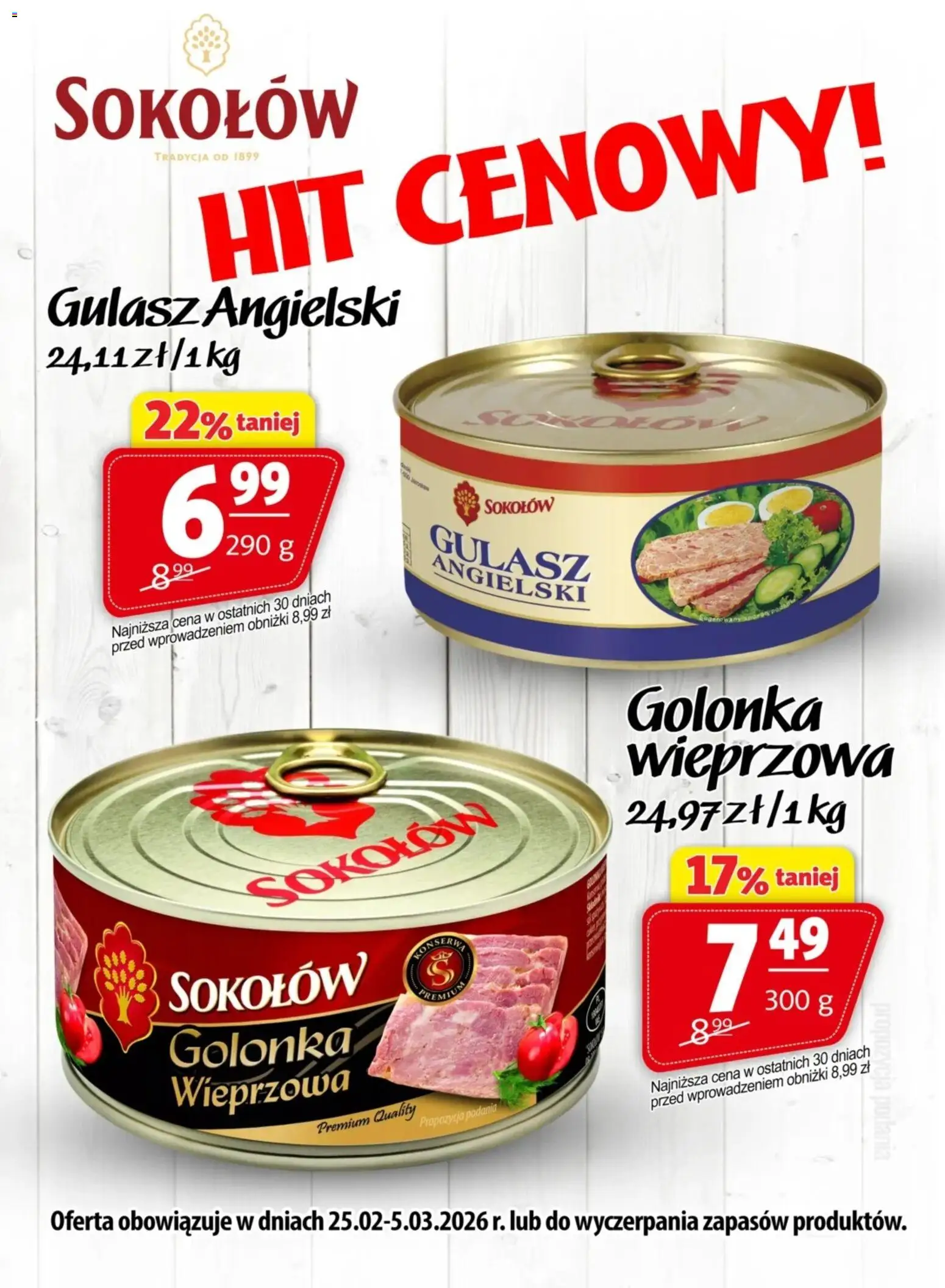 Prim Market Promocja - Konserwy Sokołów od 25.02.2026 | Strona: 1 | Produkty: Golonka wieprzowa, Gulasz angielski, Gulasz