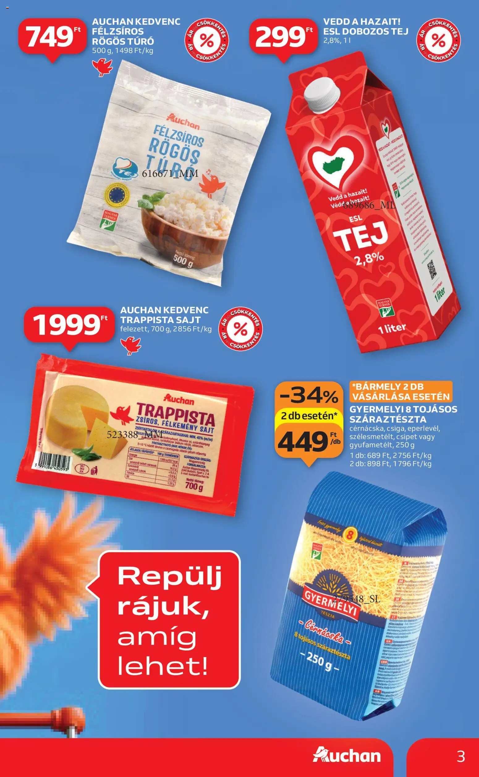 Auchan akciós ujság - amely érvényes a következő dátumtól: 18.12.2025 | Oldal: 3 | Termékek: Rögös túró, Tej, Sajt, Tészta
