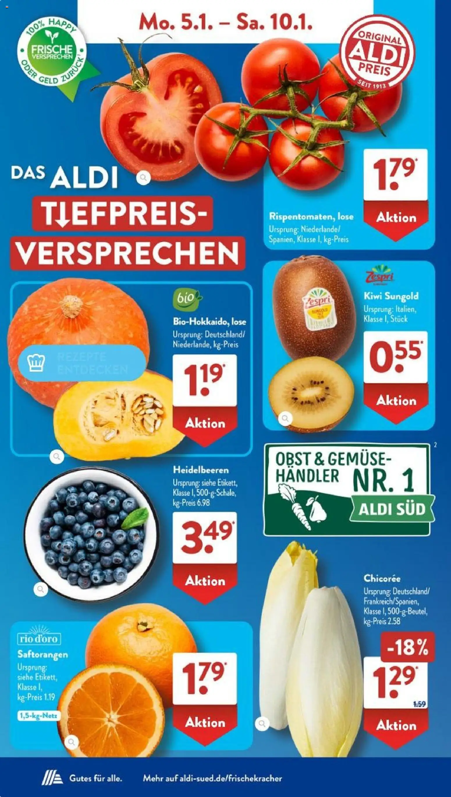 Aldi Süd Prospekt 	 – gültig ab 05.01.2026 | Seite: 4 | Produkte: Heidelbeeren, Gemüse, Obst, Kiwi