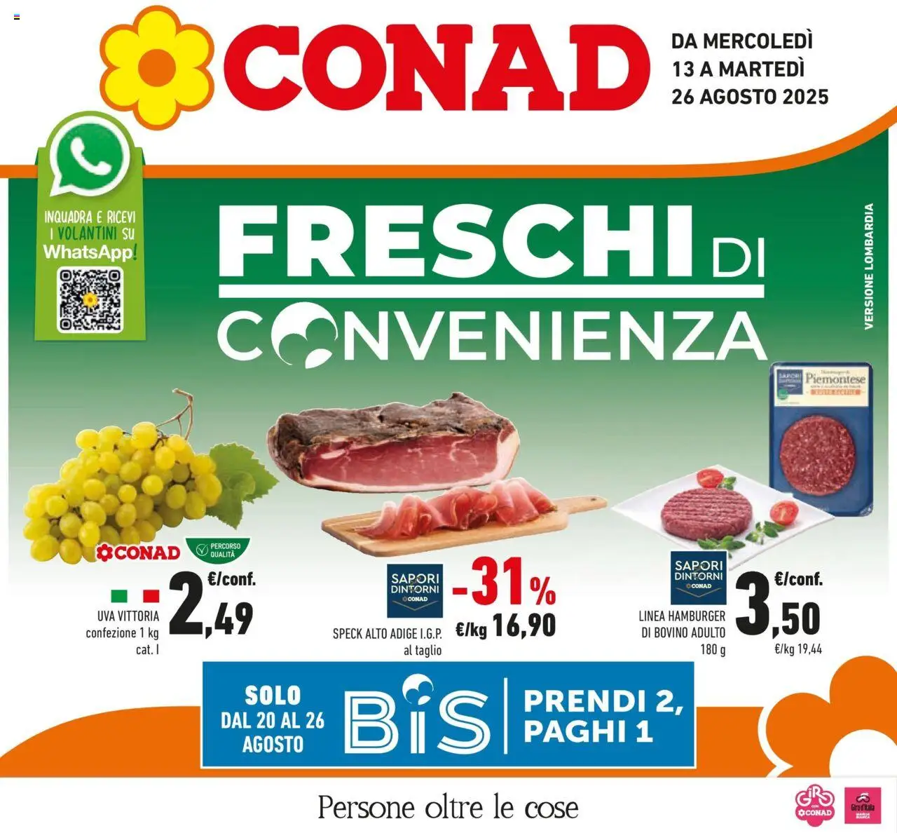 Volantino Conad del 12.08.2025 | Pagina: 1 | Prodotti: Speck, Bovino, Uva, Hamburger