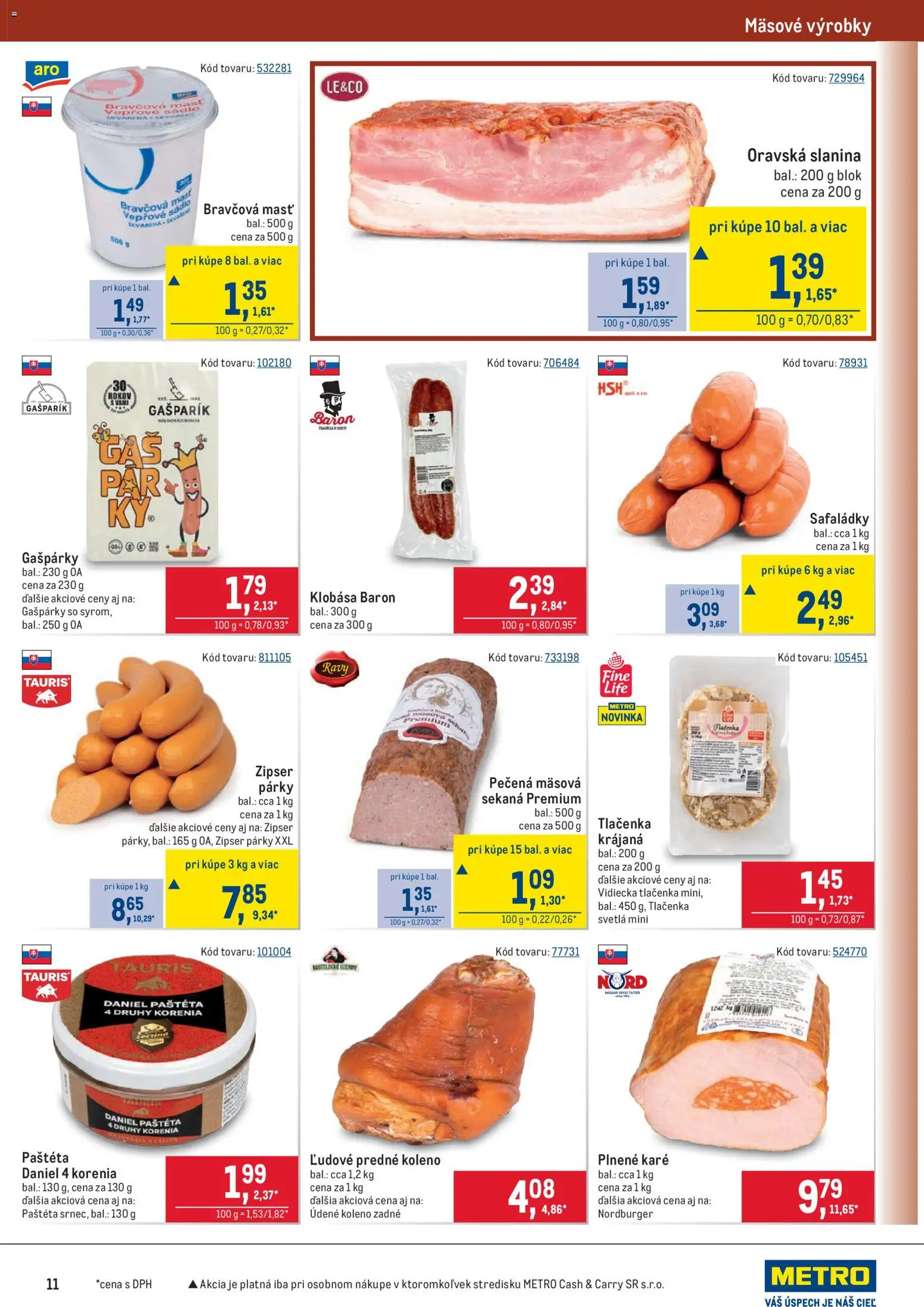Nové Metro akcie – leták je platný od 28.01.2026 | Strana: 11 | Produkty: Slanina, Párky, Údené koleno, Svetlá