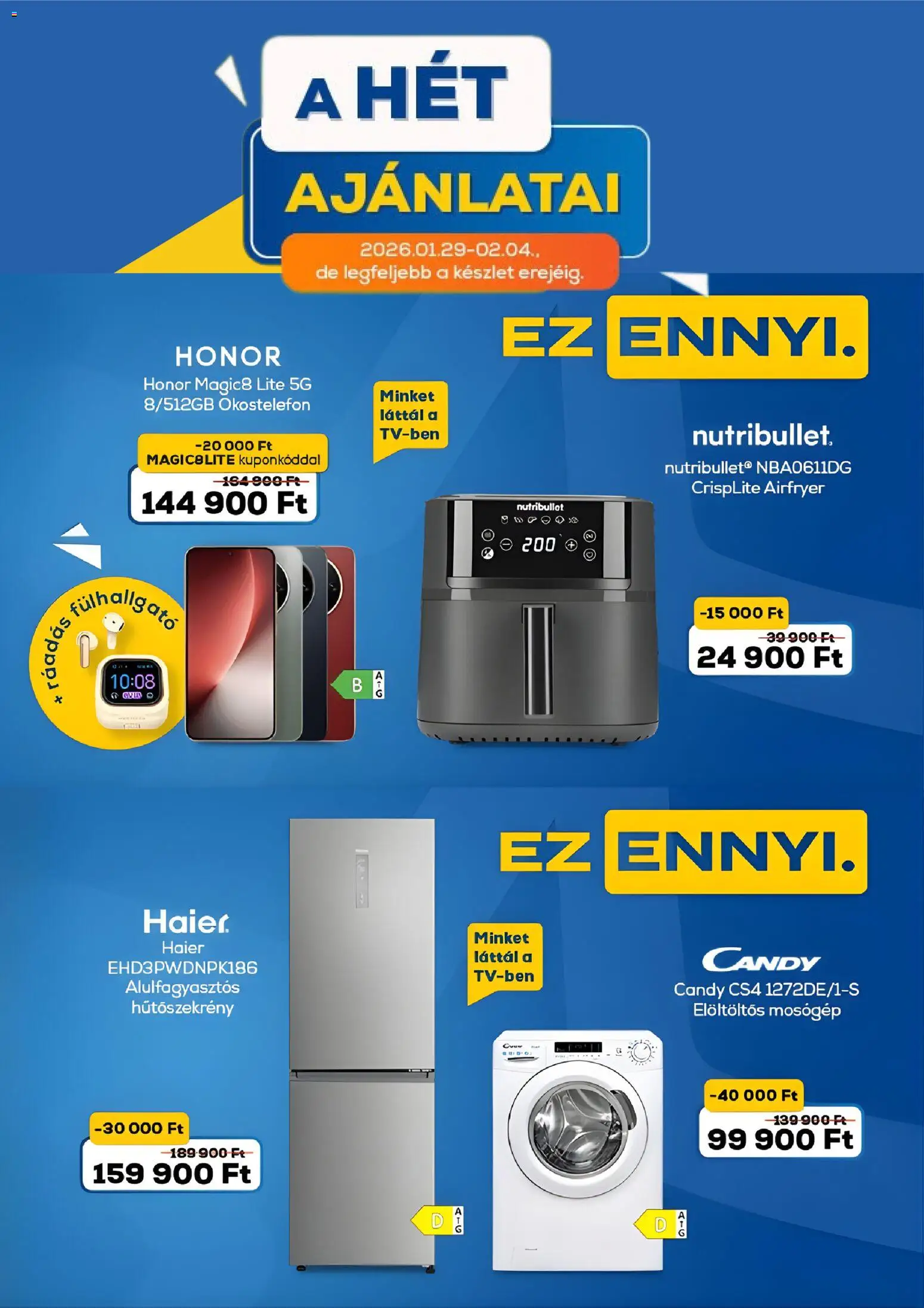 Euronics akciós ujság - amely érvényes a következő dátumtól: 29.01.2026 | Oldal: 1 | Termékek: Okostelefon, Hűtőszekrény, Mosógép, Elöltöltős mosógép