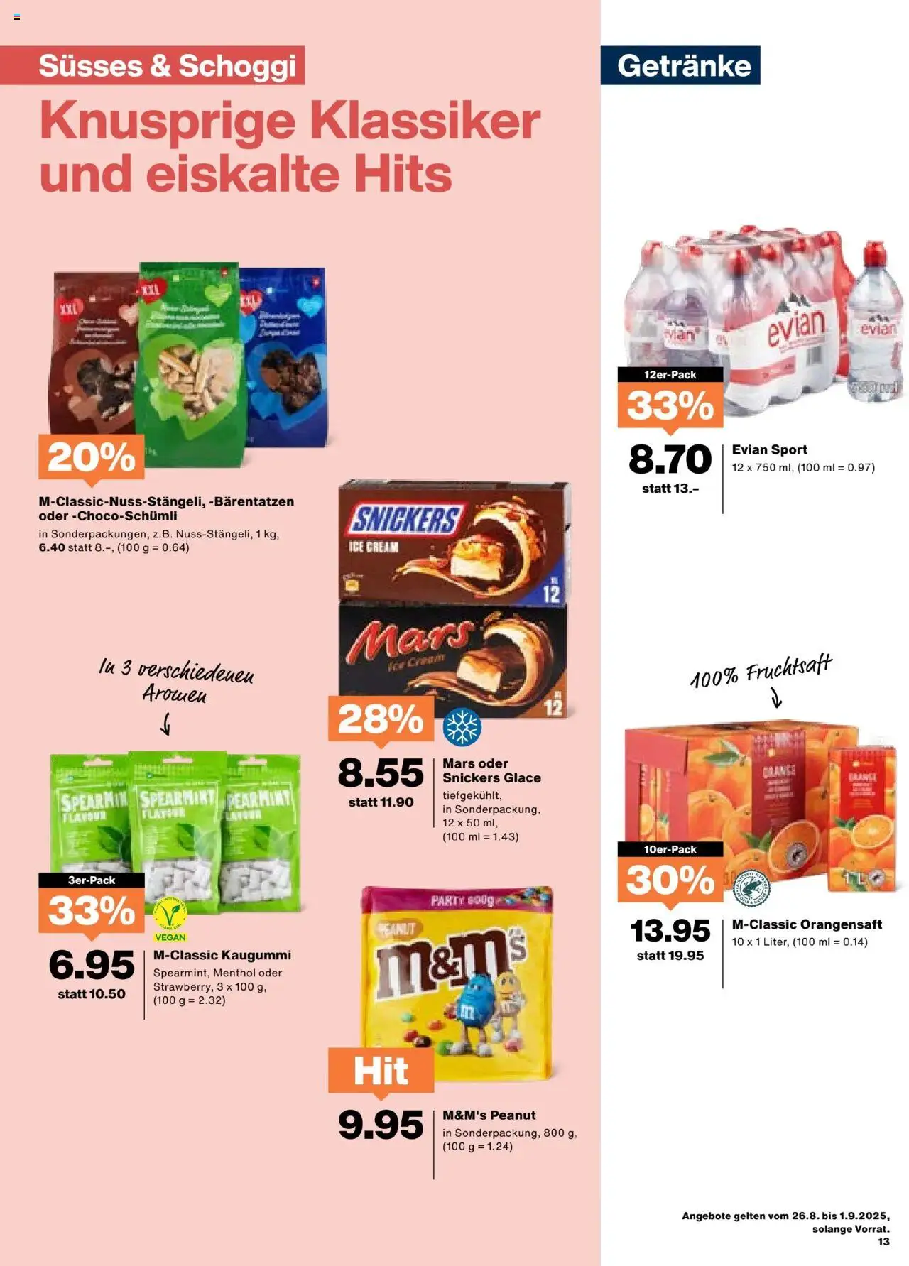 Migros Aktionen ab 26.08.2025 | Seite: 13 | Produkte: Glace, Orangensaft, Snickers, Mars