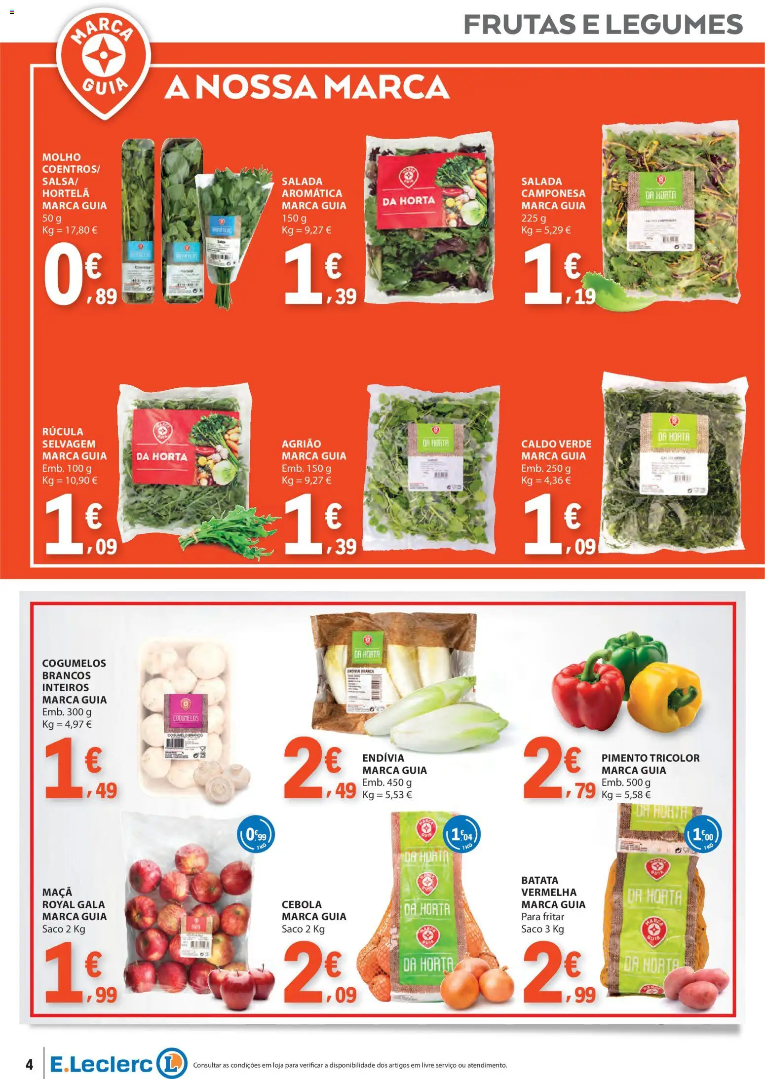 E.Leclerc folheto Especial Marca Guia │ válido de 17.03.2026 | Página: 4 | Produtos: Cebola, Maça, Cogumelos, Salada